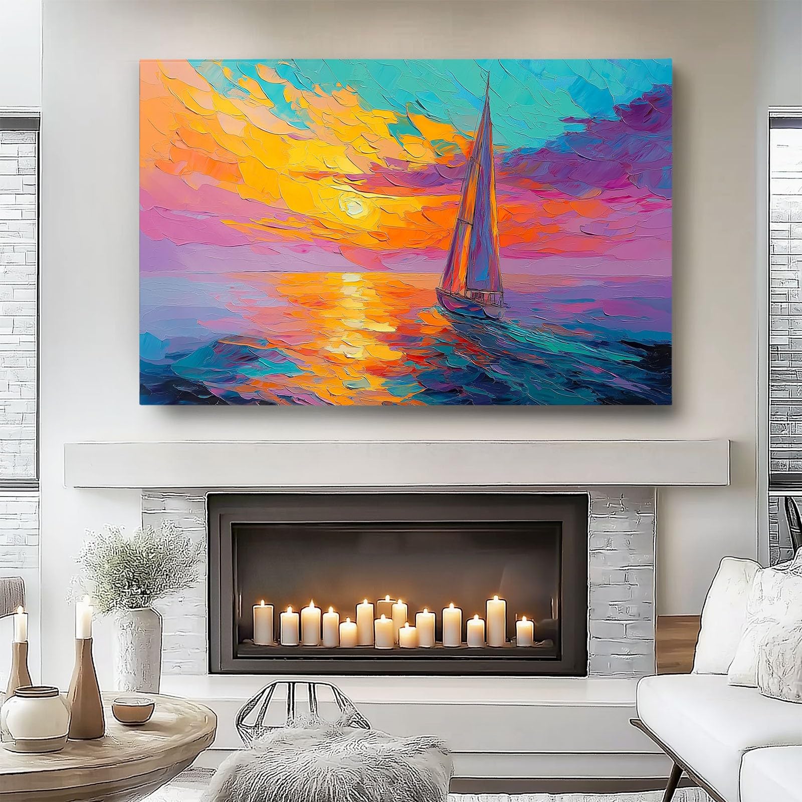 Bilder Ölgemälde Sonnenuntergang Segelboot auf dem Meer 1 Teilig Leinwandbilder Bunt Bild auf Leinwand Vlies Wandbild Kunstdruck Wanddeko Wand Wohnzimmer Wanddekoration120L x 50B cm Ungerahmt