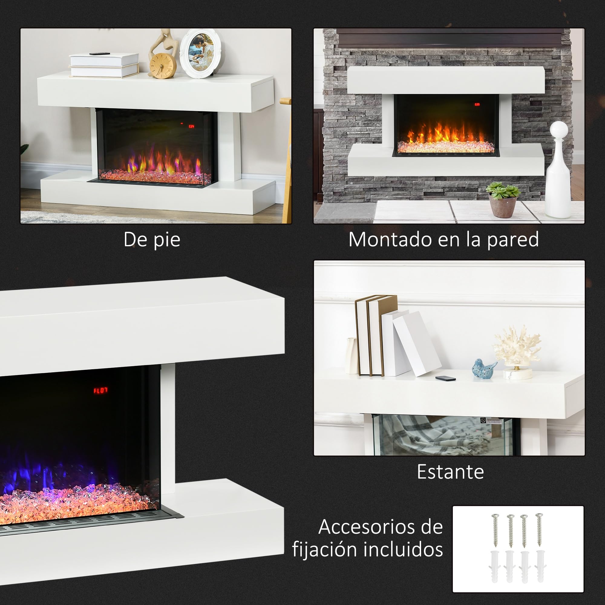 HOMCOM Chimenea Eléctrica 1000W/2000W de Pared o Pie 98x27x54,5 cm Blanco | Chimenea Decorativa, Temperatura Ajustable, Silencioso, Temporizador, Control Remoto, para Sala 15-25 m²