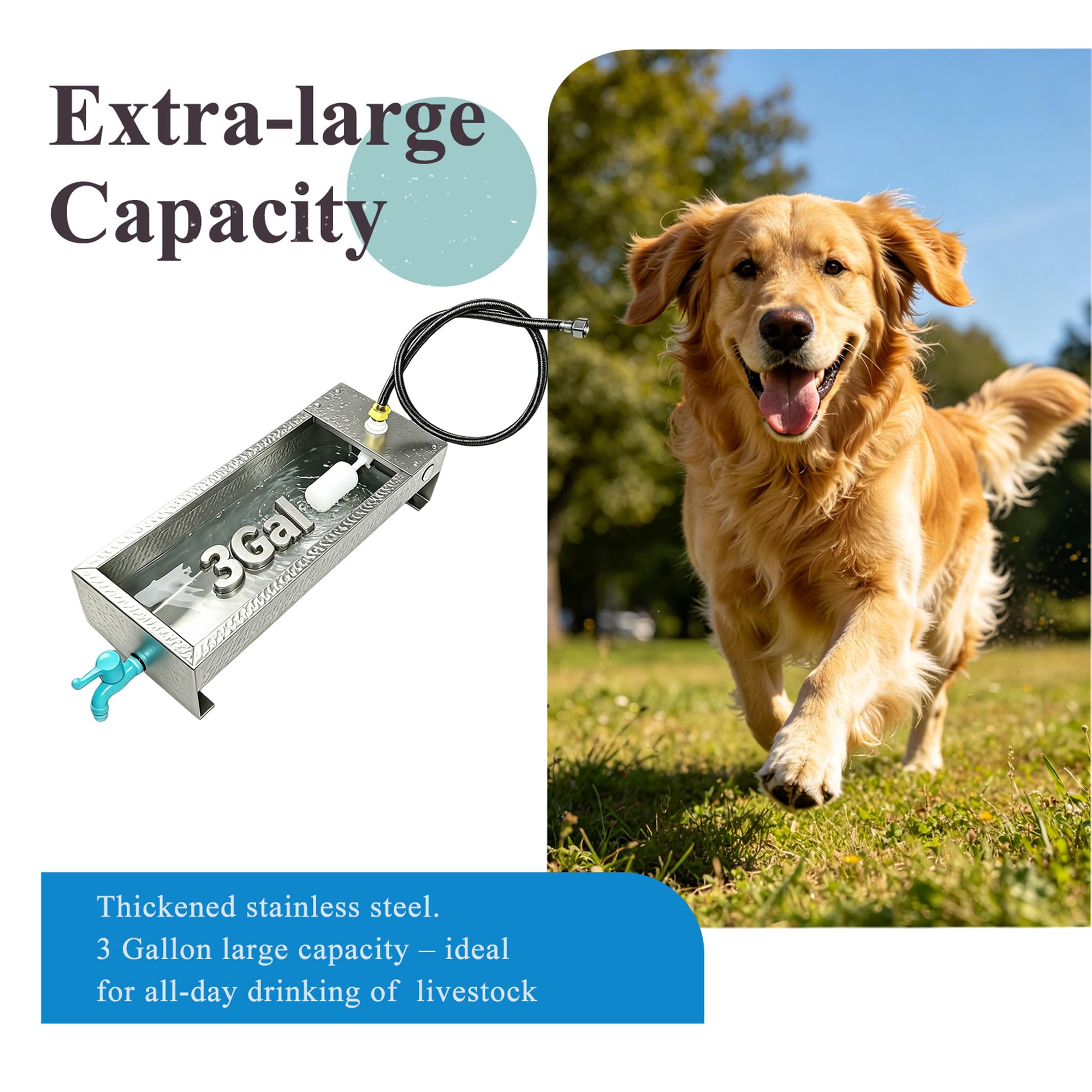 Dispensador automático de cuenco de agua grande para perros, bebedero de 3 galones de acero inoxidable con válvula flotante para ganado, pollo, cabra, caballo, cerdos, aves de corral, animales al aire