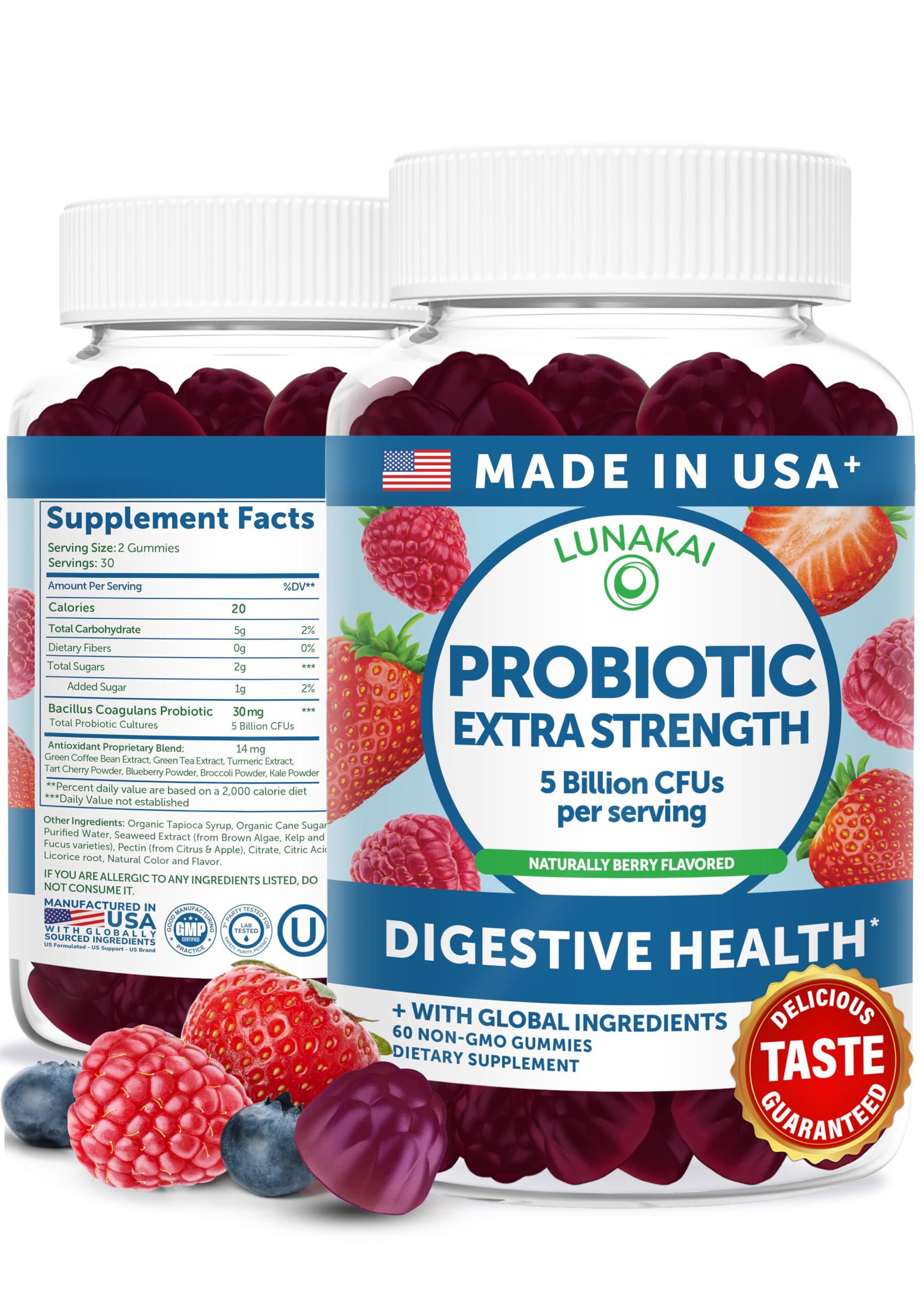 Lunakai USA Made Probiotic Gummies - 5 Billion CFUs, Vegan, Non-GMO, Gluten-Free - Digestive & Immune Support for Women & Men - 60 Chewable Gummies