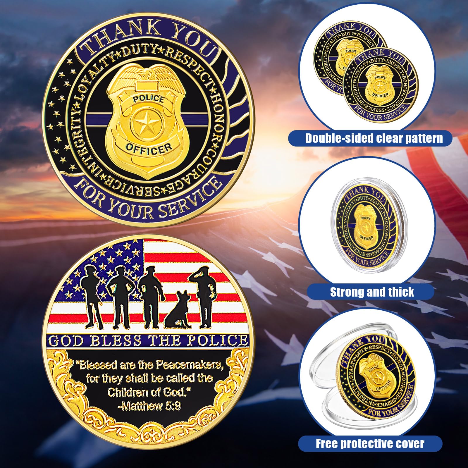 12 Police Challenge Coins With Acrylic Box - God Bless The Police Officer Appreciation Gifts Set