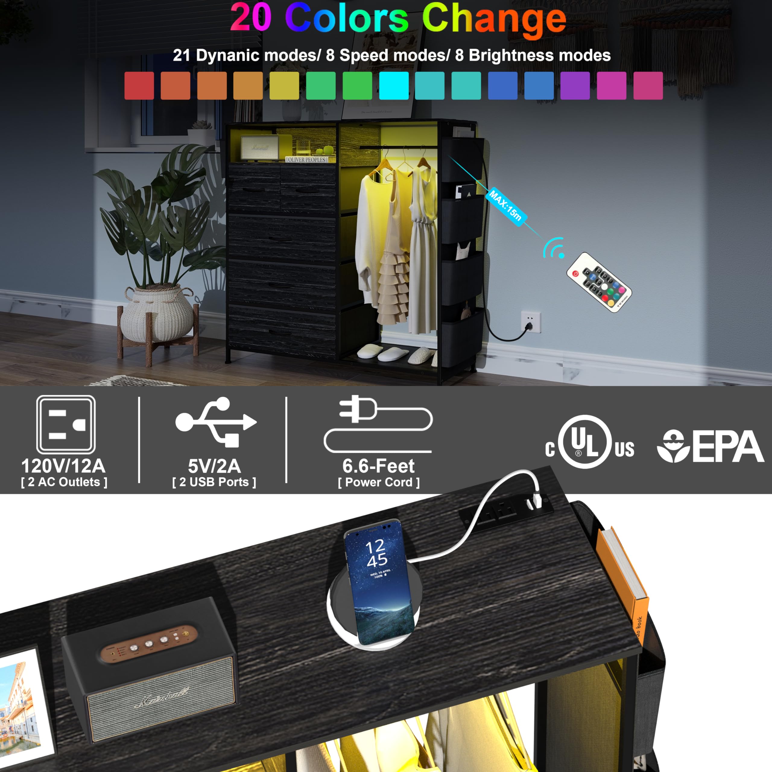 Cómoda para dormitorio con perchero, bolsillos laterales, cómoda de 5 cajones con estación de carga, luces LED, cómoda de almacenamiento negra para guardería, pasillo, armario, marco de acero 3