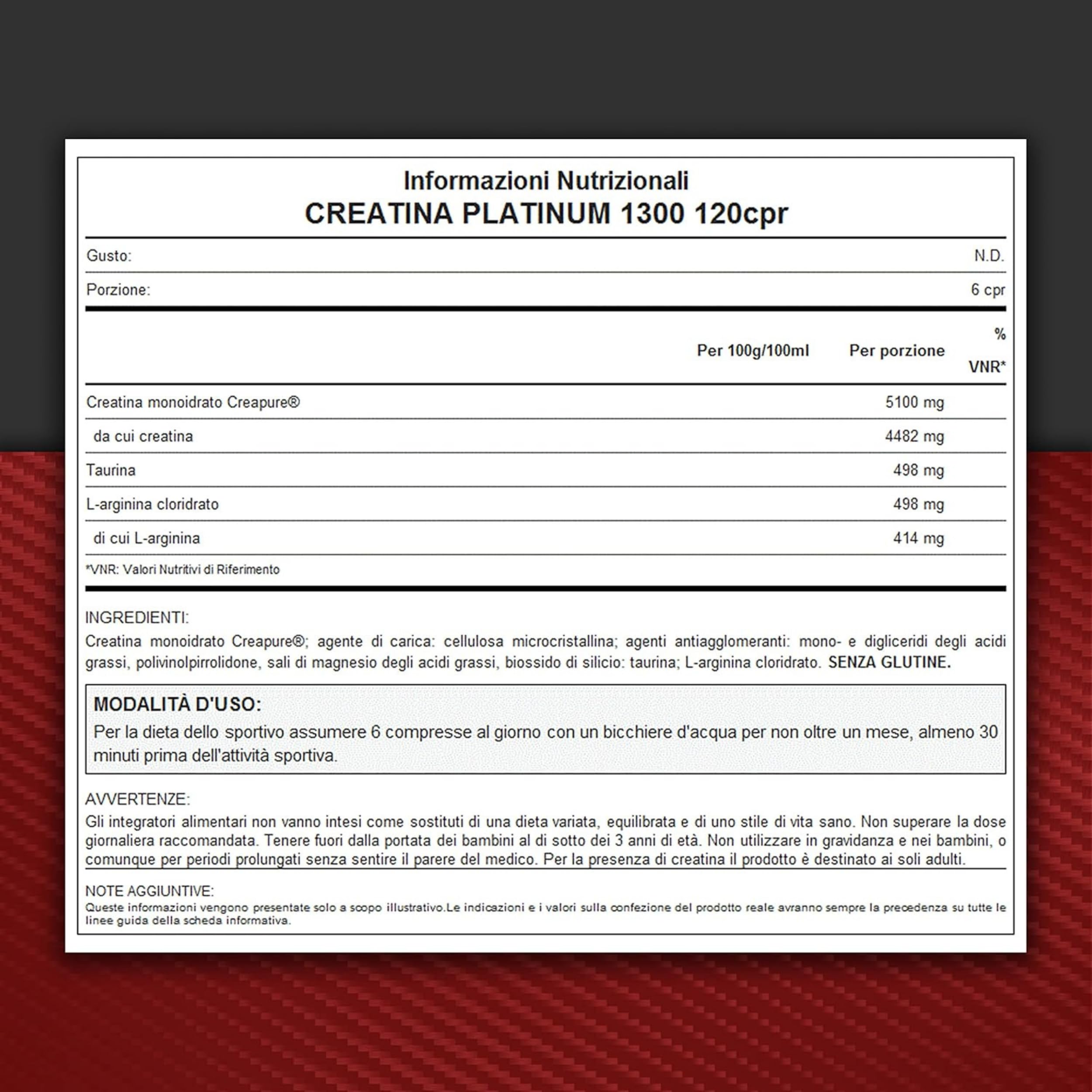 WHY SPORT CREATINA PLATINUM 1300 - Creatina - Pre Workout - Integratore Alimentare a Base di Creatina Monoidrato, Taurina e Arginina – 120 Compresse