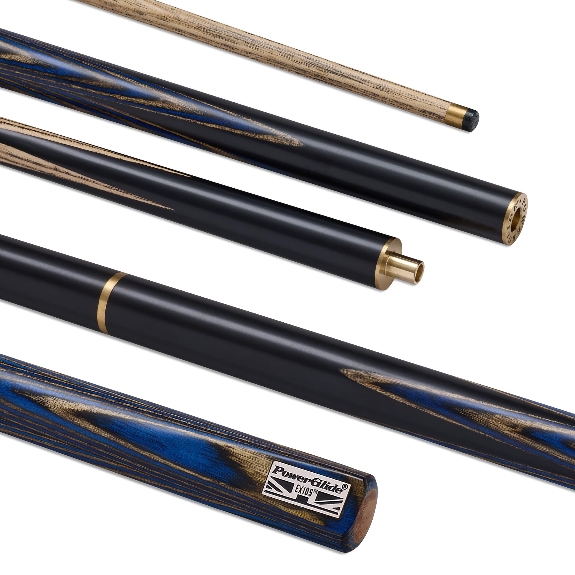 POWERGLIDE Exios 3/4 Jointed Snooker Cue – Ash Shaft, Hand Spliced Butt, Brass Joint, 9.5mm Tip – Performance Cue for Improving & League Players (Rainbow, Black/Grey, Brown & Blue Splice Designs)
