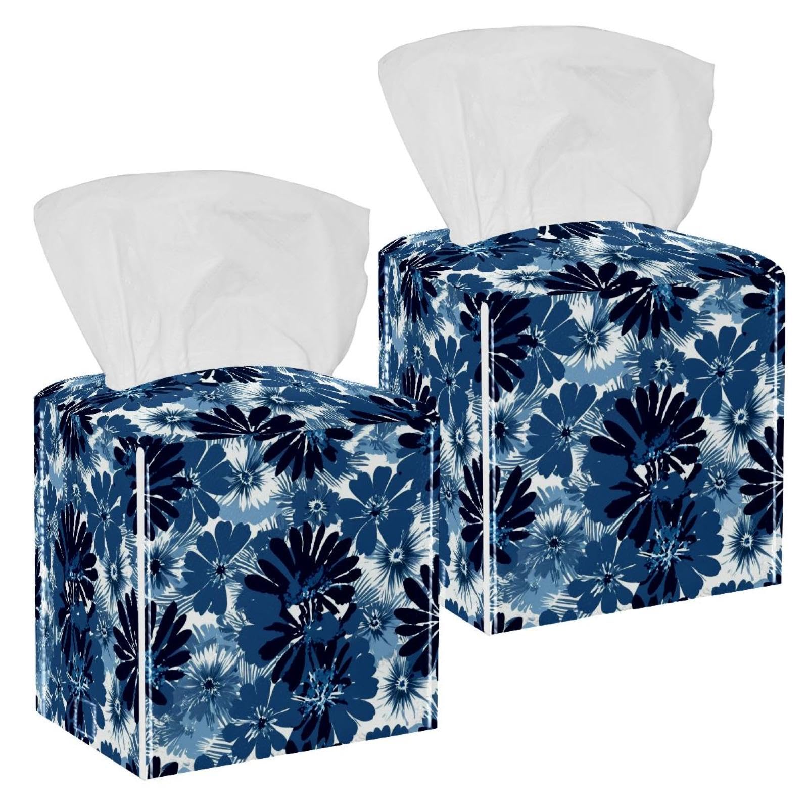 Artistic Leaves Tissue Box Cover, 2 Pack PU Leather Square Facial Tissue Dispenser Box holder for Home Office Car
