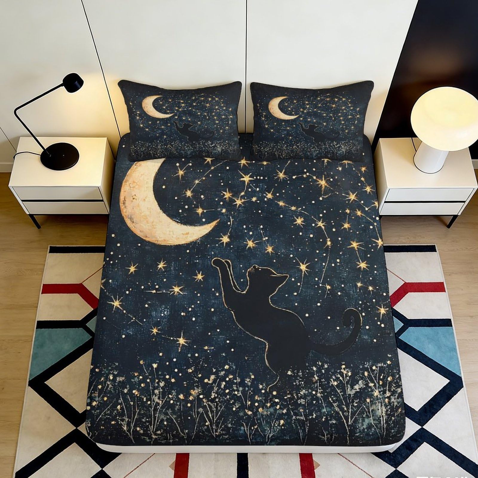 3D Printed Moon Starry Sky Fitted Sheet Microfiber Anti-Slip Black Cat Mattress Cover Bedroom Dorm Machine Washable 90x200x25cm