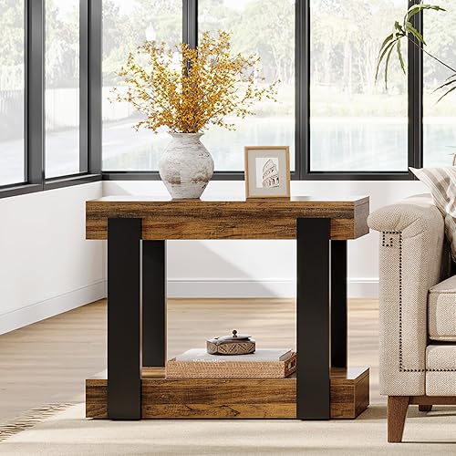 Miniatura 8 de Tribesigns Mesa auxiliar, mesa auxiliar estrecha de 2 niveles para sala de estar, mesitas de noche rectangulares de granja con estante de