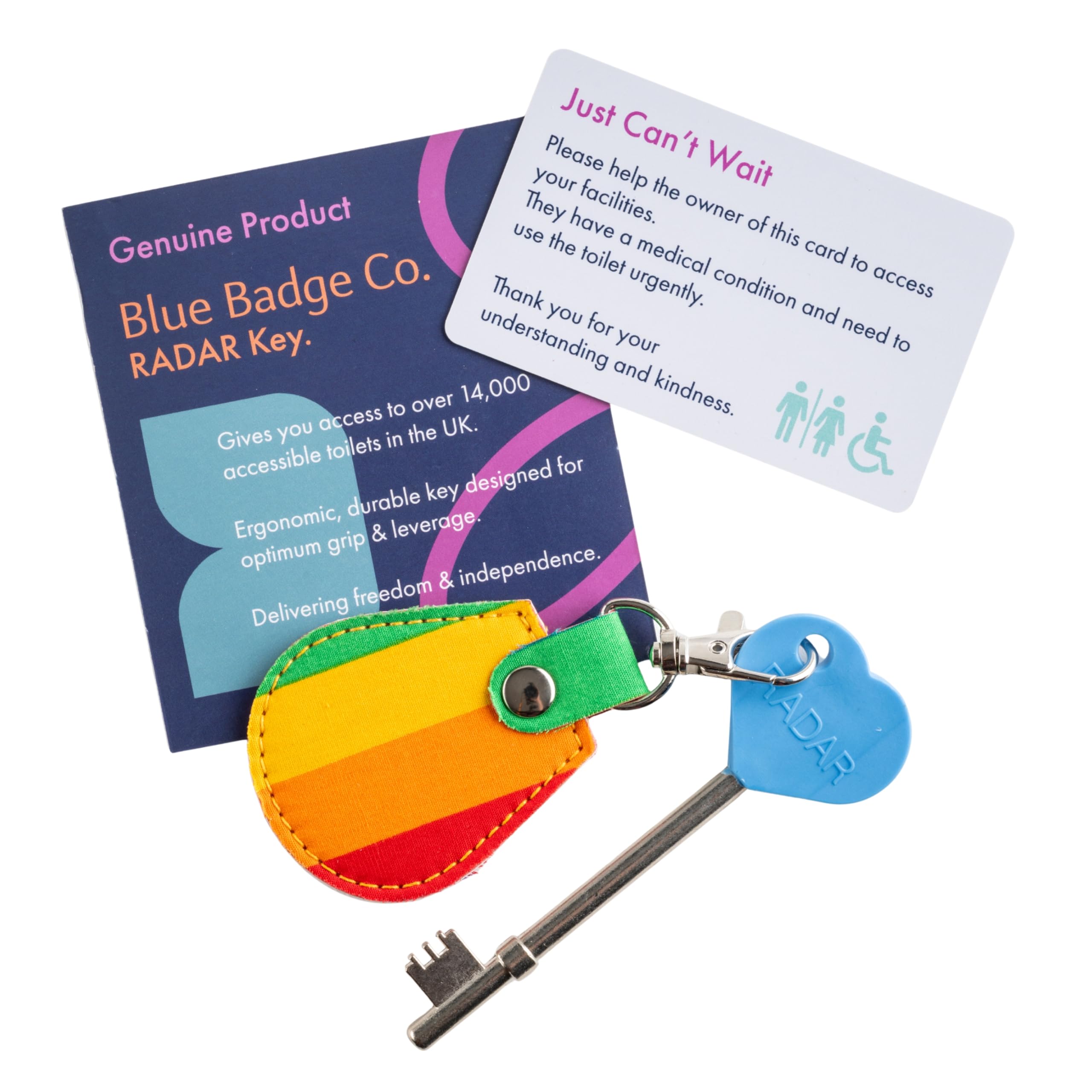 Official & Genuine Radar Disabled Toilet Key with Rainbow Keyring, UK NKS Standard Access Key for Accessible Toilets, Includes Free Just Can’t Wait Card