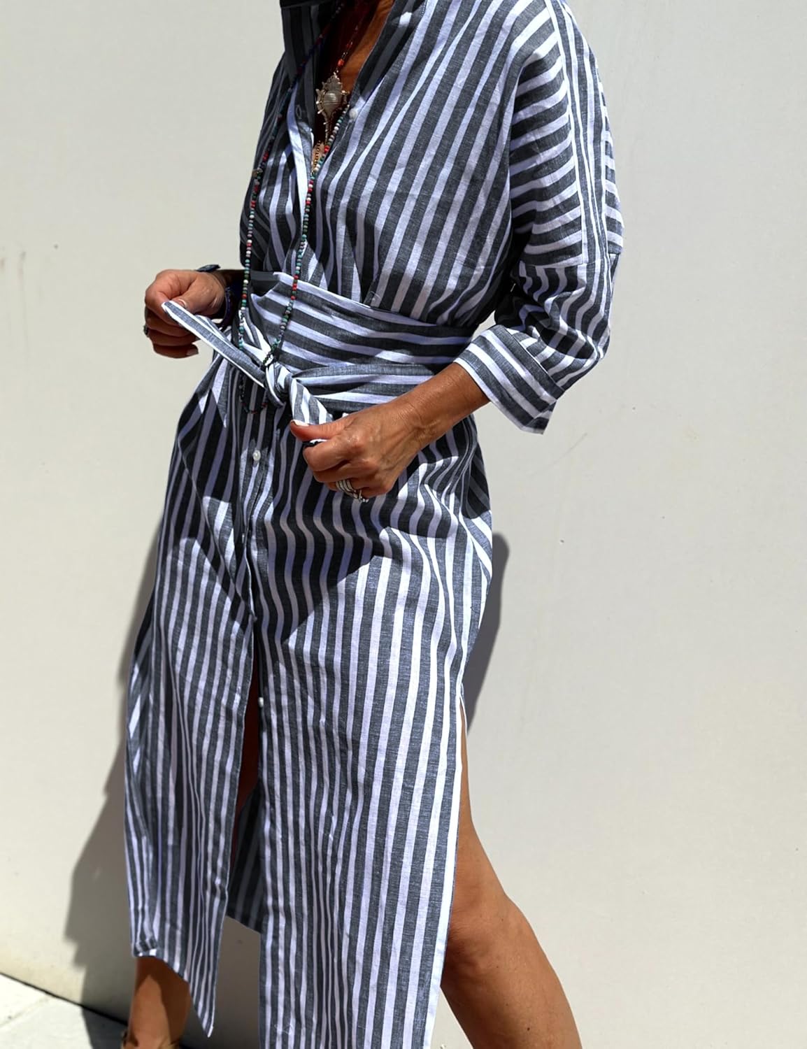 Hooever Shirt Dresses for Women Casual Long Sleeve Button Down Loose Striped Cotton Maxi Shirt Dress - Image 5