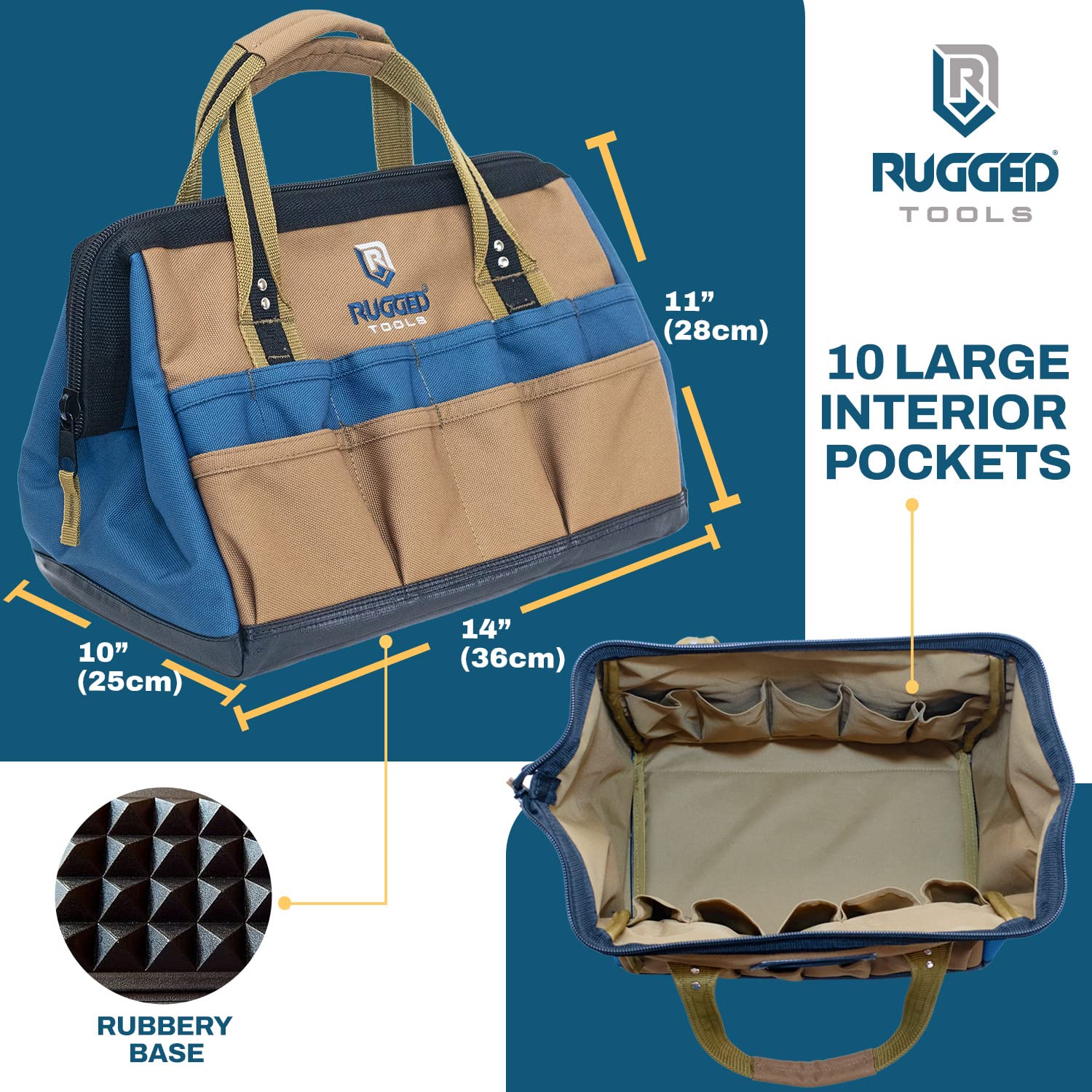 Rugged Tools Field - Bolsa de herramientas de boca ancha de 35,56 cm, bolsa de herramientas de lona suave para fontaneros, electricistas, carpinteros y manitas