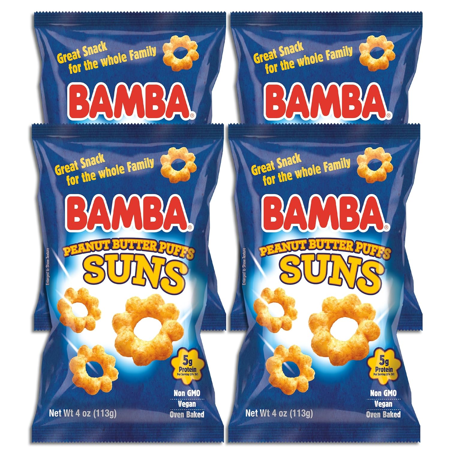 Osem Bamba Peanut Butter Suns Snacks for the Whole Family - All Natural Peanut Butter Corn Puffs Snacks (4 pack - 4oz Bags) - Made with 4 Simple Ingredients