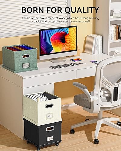 Miniatura 4 de Oterri Caja de archivos, caja de archivos mejorada, cajas de archivos fáciles de deslizar para colgar archivos con tapa, archivador rodante de lino,
