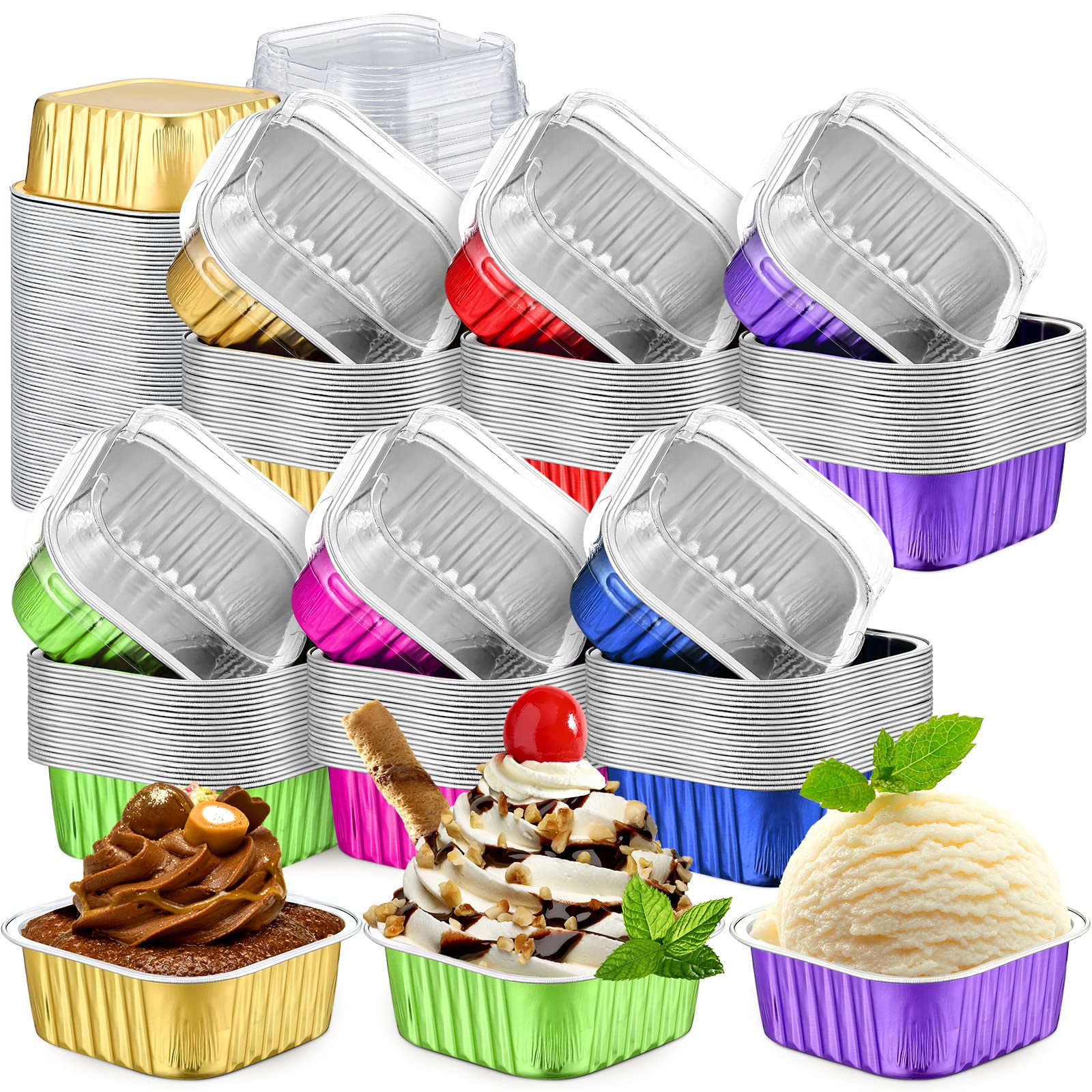 Jinei 120 zestawów kubków deserowych z pokrywkami 290 ml folia aluminiowa Jumbo foremki do babeczek 300 ml wkładki do babeczek do pieczenia jednorazowych Ramekins puszka na muffinki na desery flanele