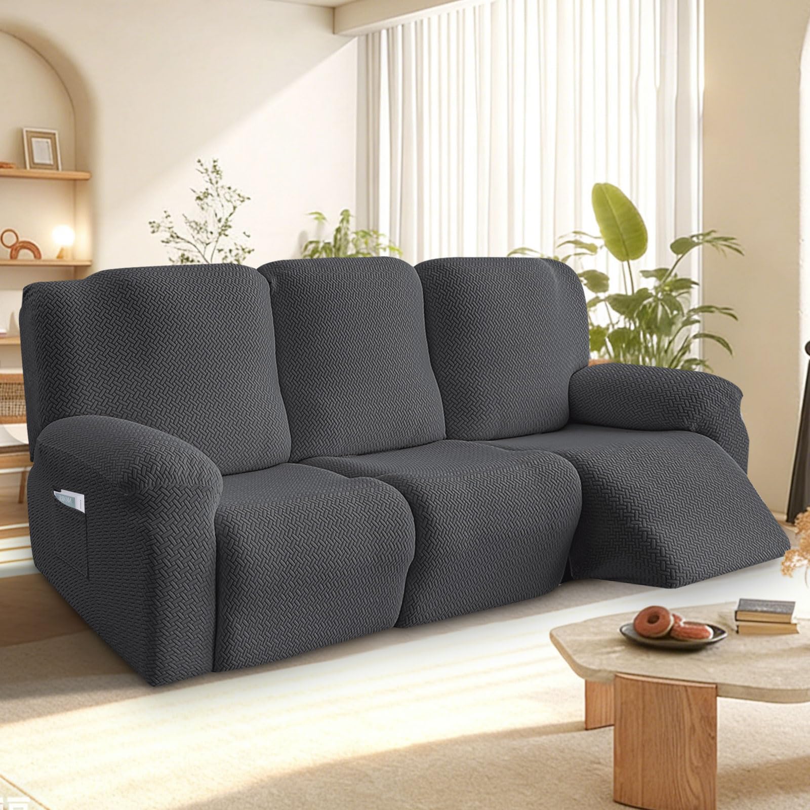Bocguy Stretch Recliner Chair Cover, 8-Pieces Recliner Armchair Covers for Living Room Reclining Chair Slipcover with Side Pocket, High Spandex Slipcover/Lounge Cover, Slip Resistant