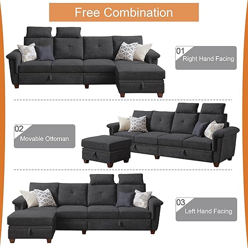 Miniatura 7 de Pingliang Home Sofá modular convertible con almacenamiento, sofá en forma de L de 4 asientos con diván y portavasos, sofás modernos de tela de