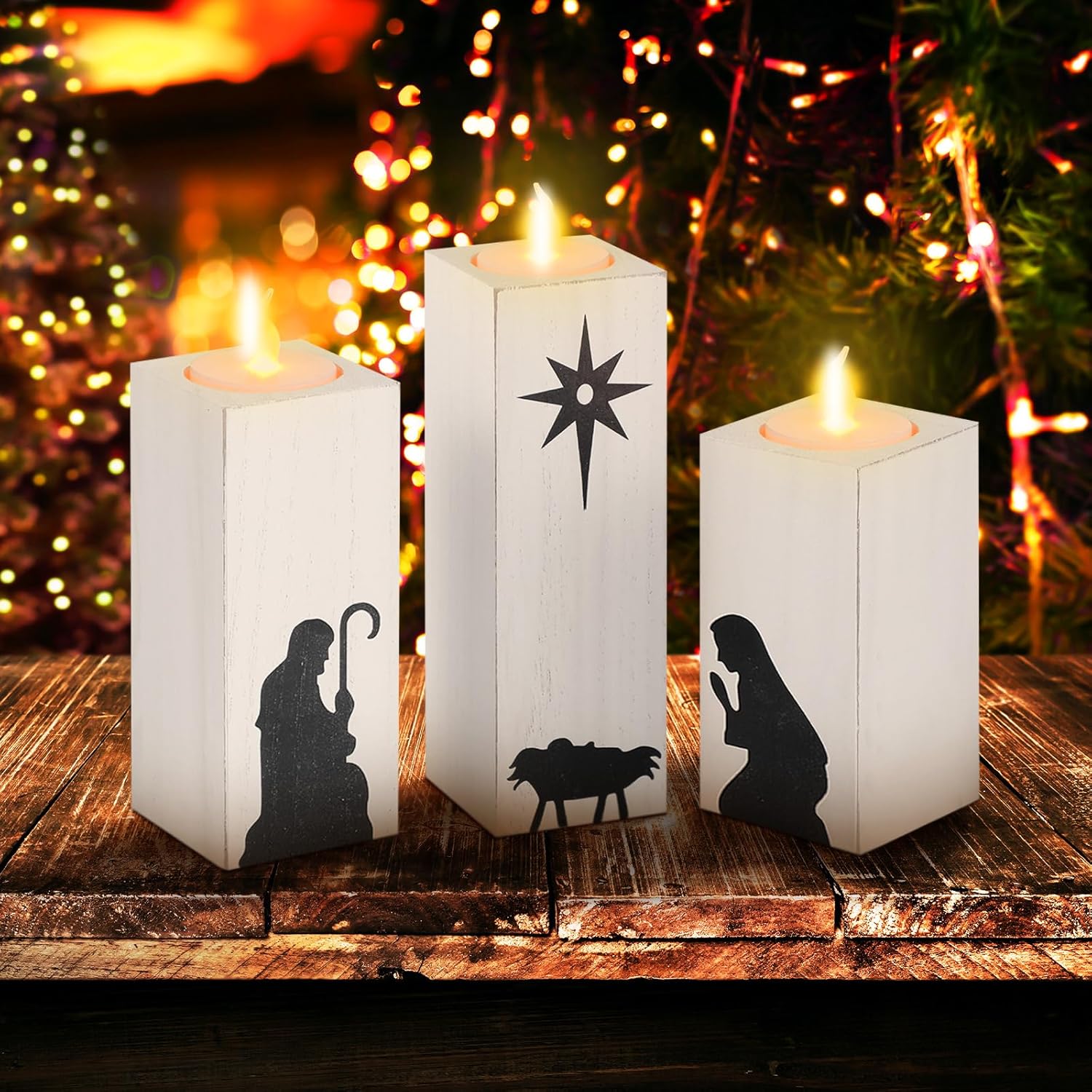 Zhehao 3 Pcs Christmas Advent Candle Holder Tealight Nativity Scene