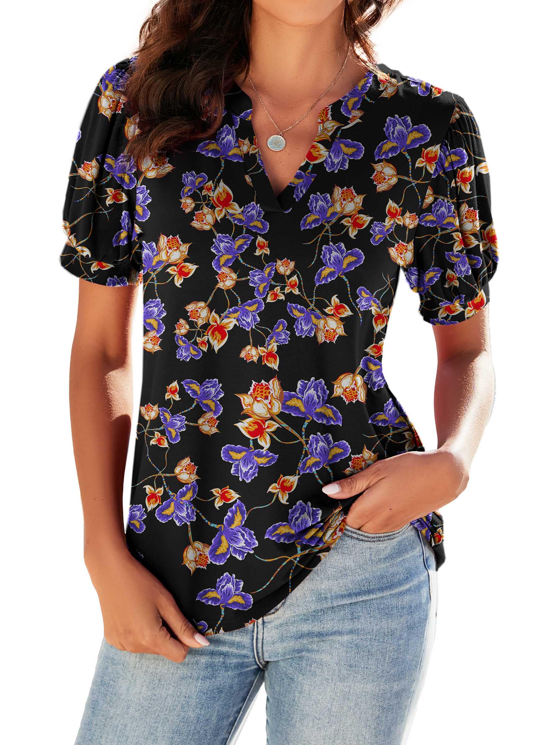 Neineiwu Women Dressy Casual V-Neck T-Shirts Loose Puff Short-Sleeve Tops Tunic Blouse