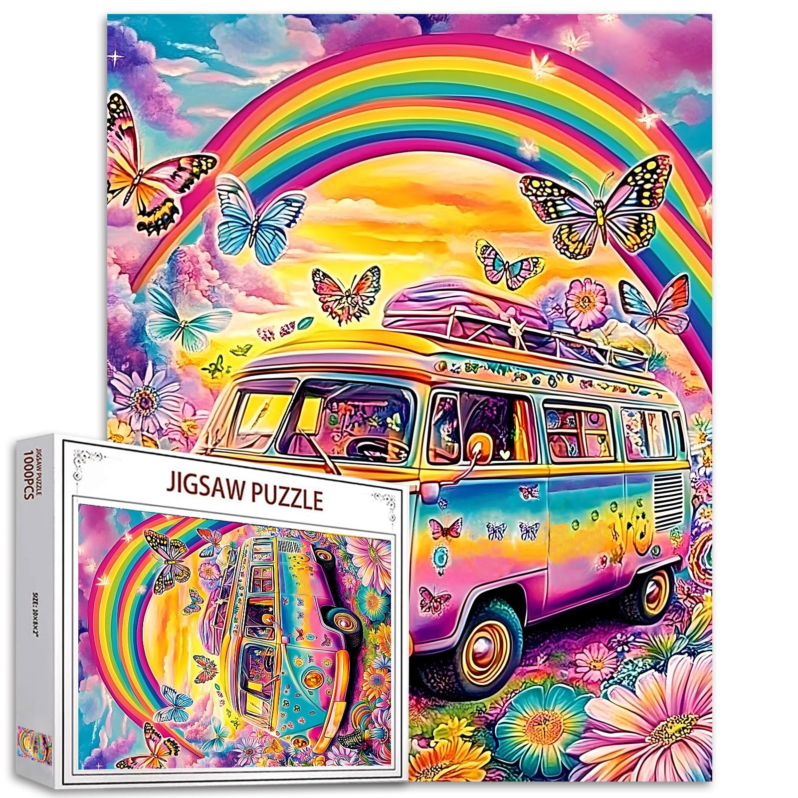 Graffitic Bus Jigsaw Puzzles 1000 Pieces for Adults, Families (Automobile,Car,Rainbow,Butterfly,Flower) Pieces Fit Together Perfectly 19.7''x27.6''inch Landscape Frameable Magic Puzzle Art(Red) — image 1