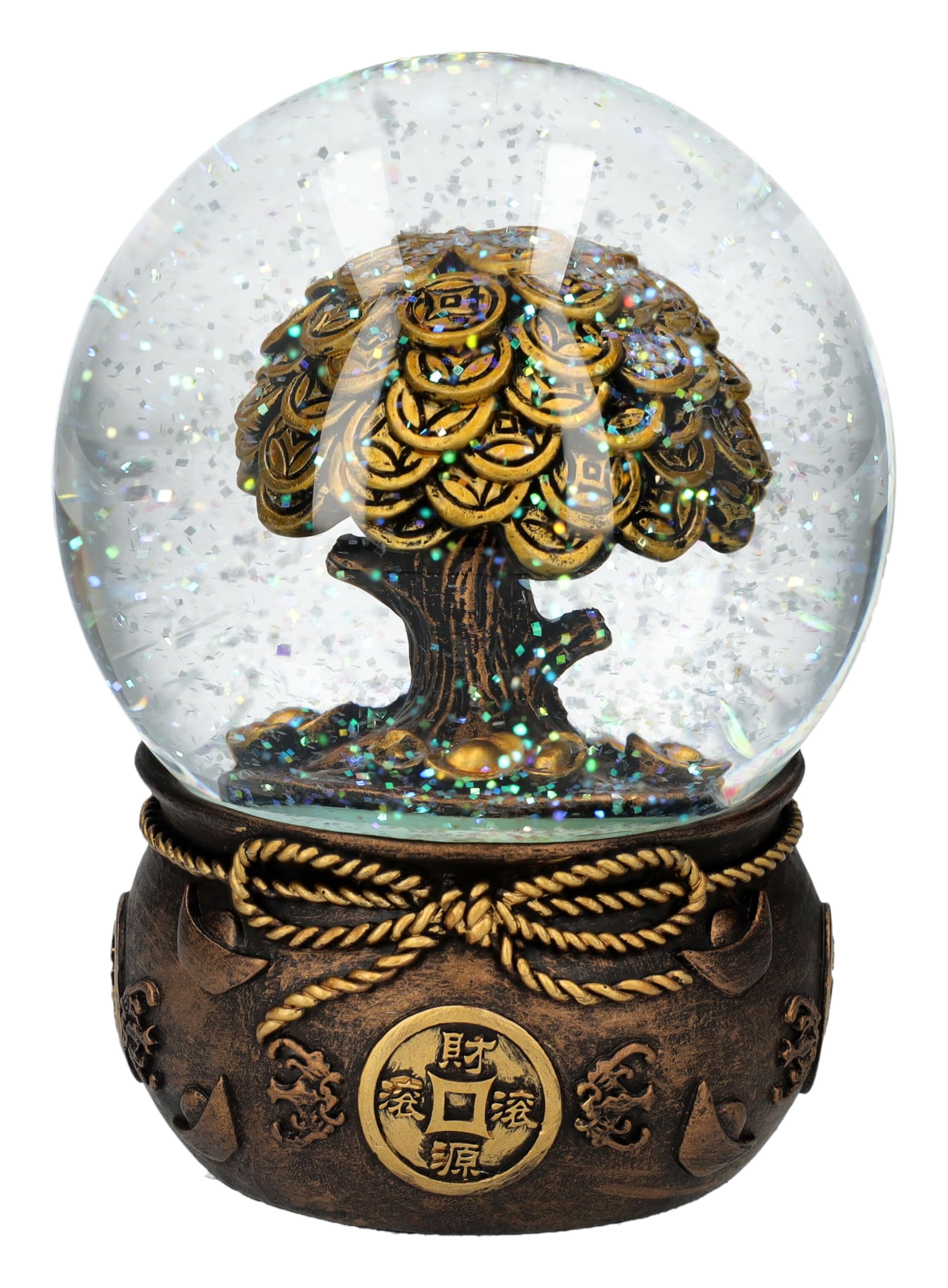 Glücksbringende Geldbaum Schneekugel, Feng Shui, 13,5 cm - Bronzefarben, Chinesische Münzen, Glücksbringer Figur