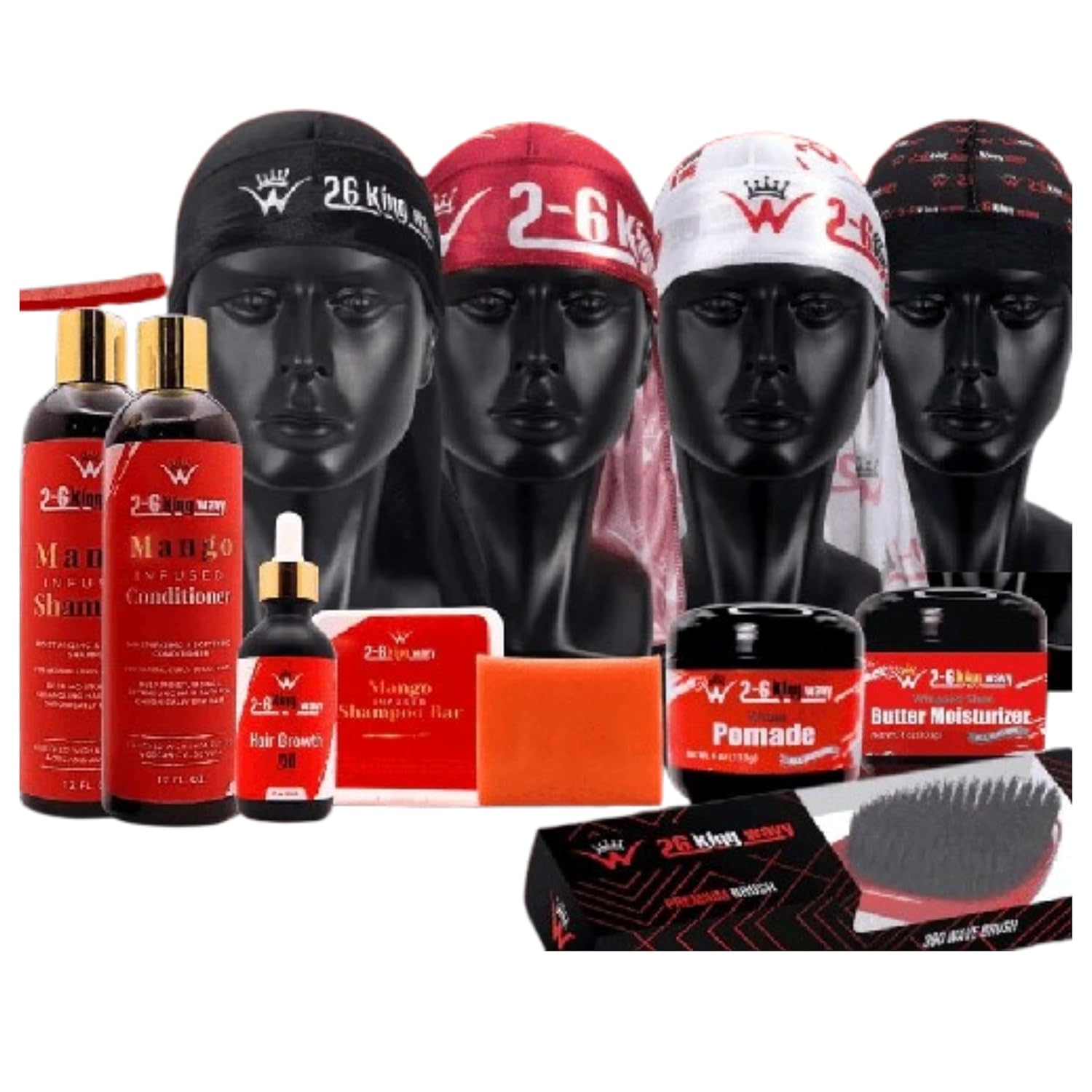 Ultimate Elite Pack – Comprehensive Haircare Set with Natural Ingredients – Mango Shampoo, Conditioner, Hair Growth Oil, Pomade, Moisturizer, Velvet & Silk Durags, and Wave Brushes