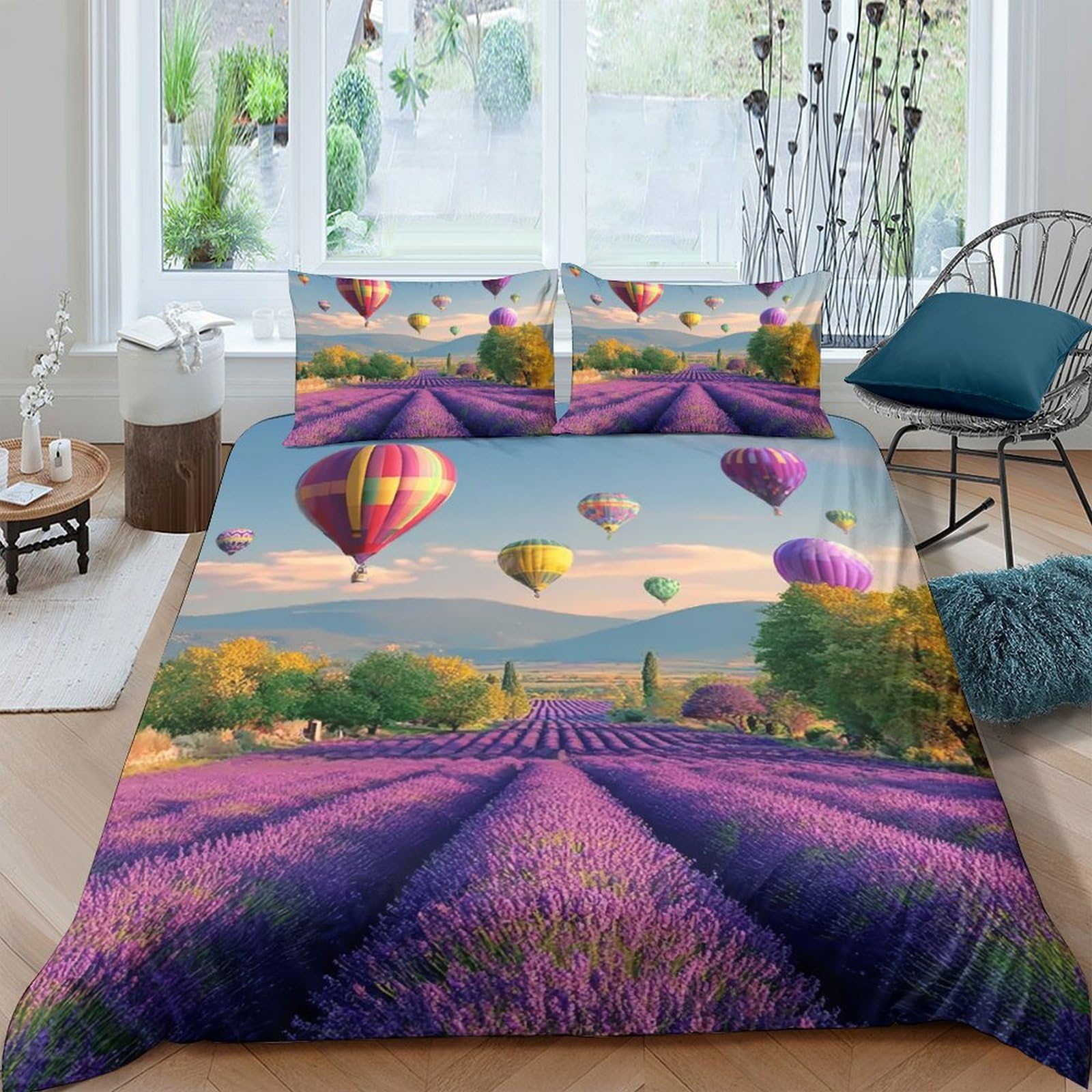 Ctjqhvkz Style-9 3D Printed Lavender Field Fitted Sheet Microfiber Hot Air Balloon Mattress Cover For Bedroom Dorm Decor Easy Care Single（135X200cm）