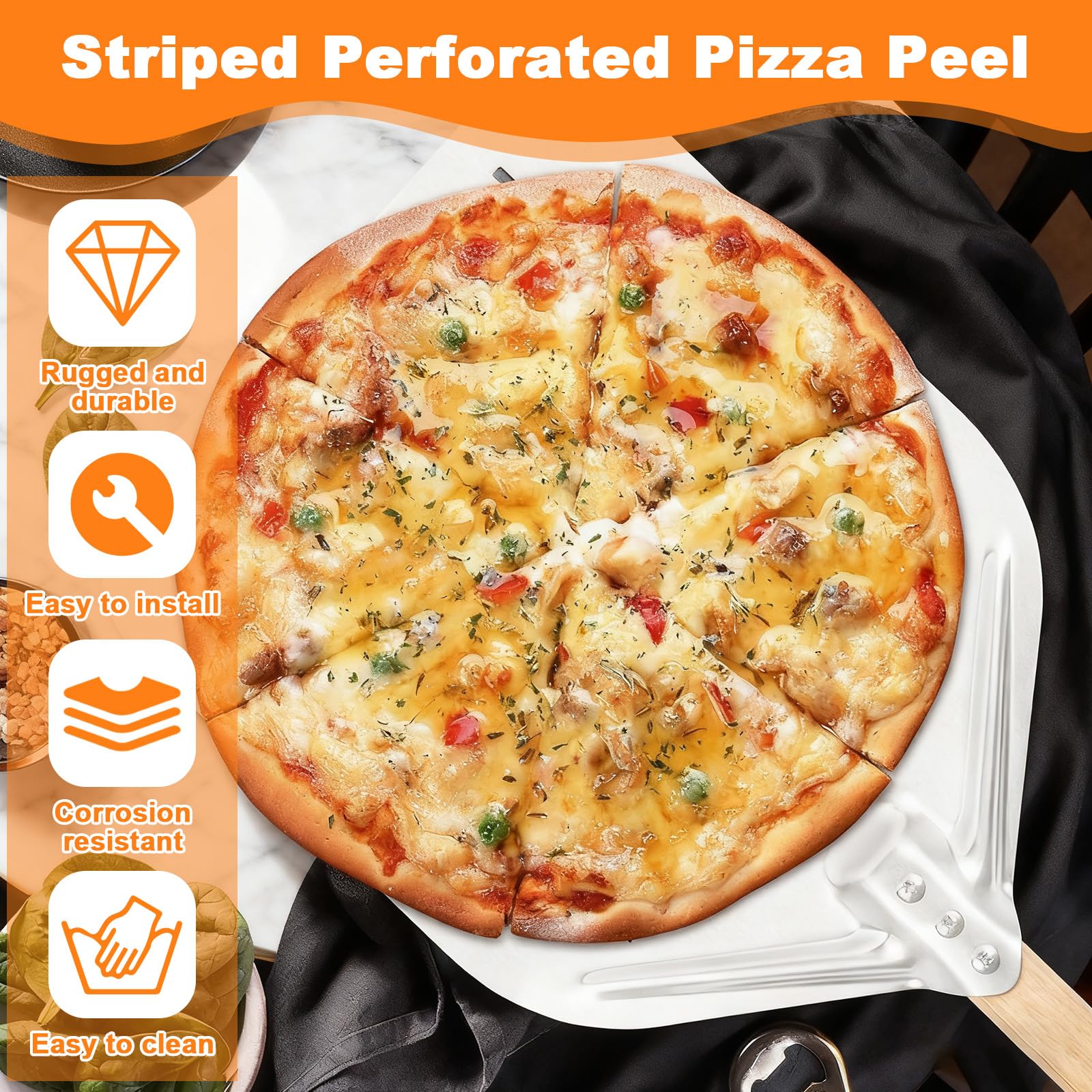 Pelle à Pizza Perforée 39,5 x 30 cm avec Poignée en Bois Longue Amovible, Spatule Pizza en Aluminium 12 Pouces, Coupe à Pizzas Grande Surface, Pelle Pain Cuisson Professionnelle pour Barbecue et Four