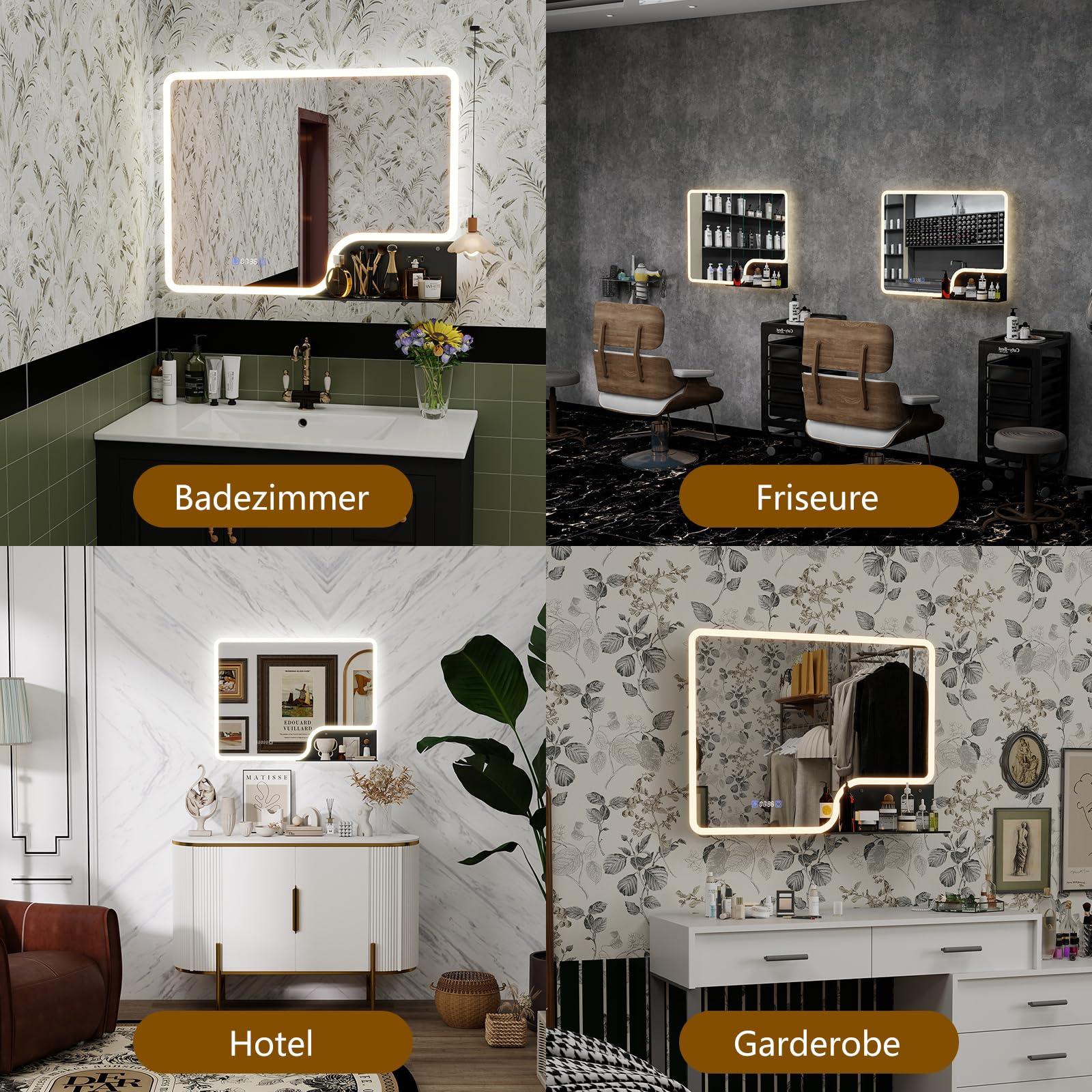 YOURLITE LED Badspiegel mit Beleuchtung und Ablage 80x60cm,Bad Spiegel Badezimmerspiegel Uhr,Wandspiegel mit Beschlagfrei,Touch-Schalter,3 Lichtfarben Dimmbar,Speicherfunktion