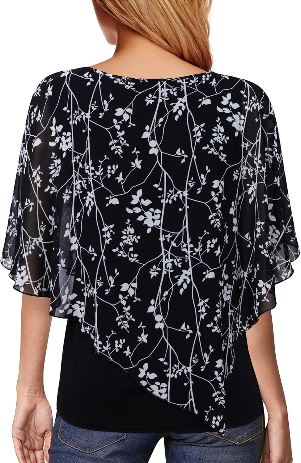 Lotusmile Women's Lightweight Flowy Shirt Double-Layered Printed Chiffon Poncho Blouse Top - Image 4