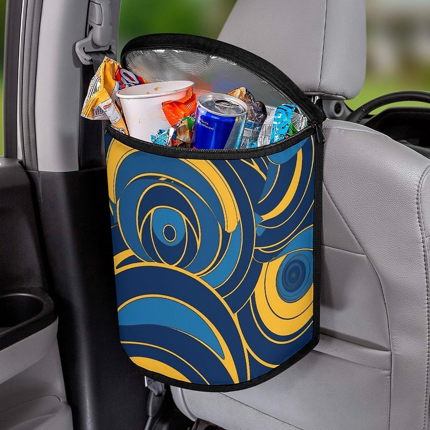 Blue and Yellow Pattern Car Trash Can Bin Bag Waterproof Car Garbage Can Bag Trash Can for Car Car Trash Can for Women Men Garbage Can for Car Car Trash Can with Lid Trash for Car Trucks Rvs