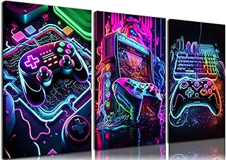 Game Room Decor Posters Set of 3 - Neon Gaming Accessories Theme Canvas ...