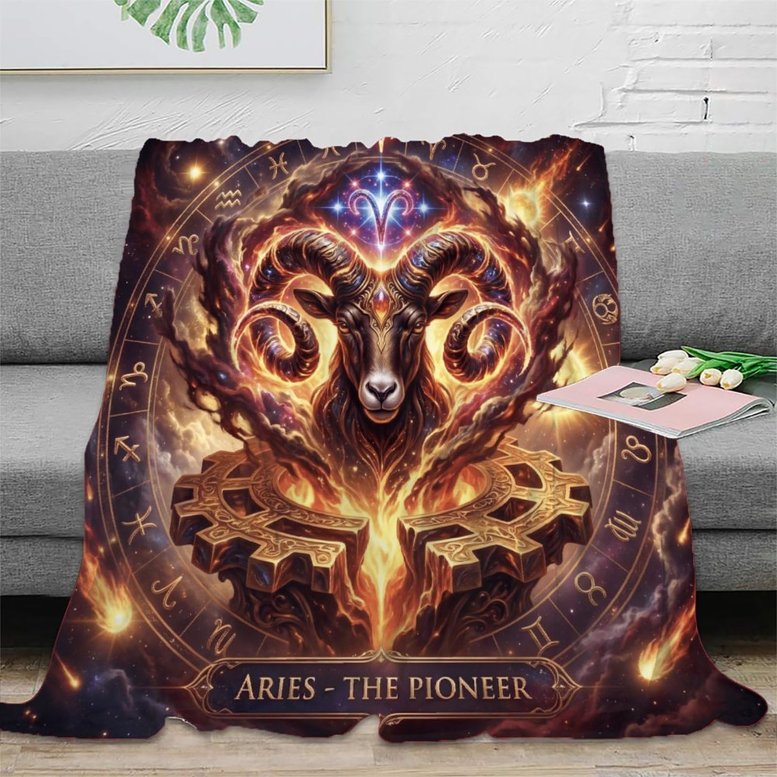 H3B8U2Y5 Aries Zodiac Flaming Starry Flannel Throw Blanket, Bedroom Nap Use