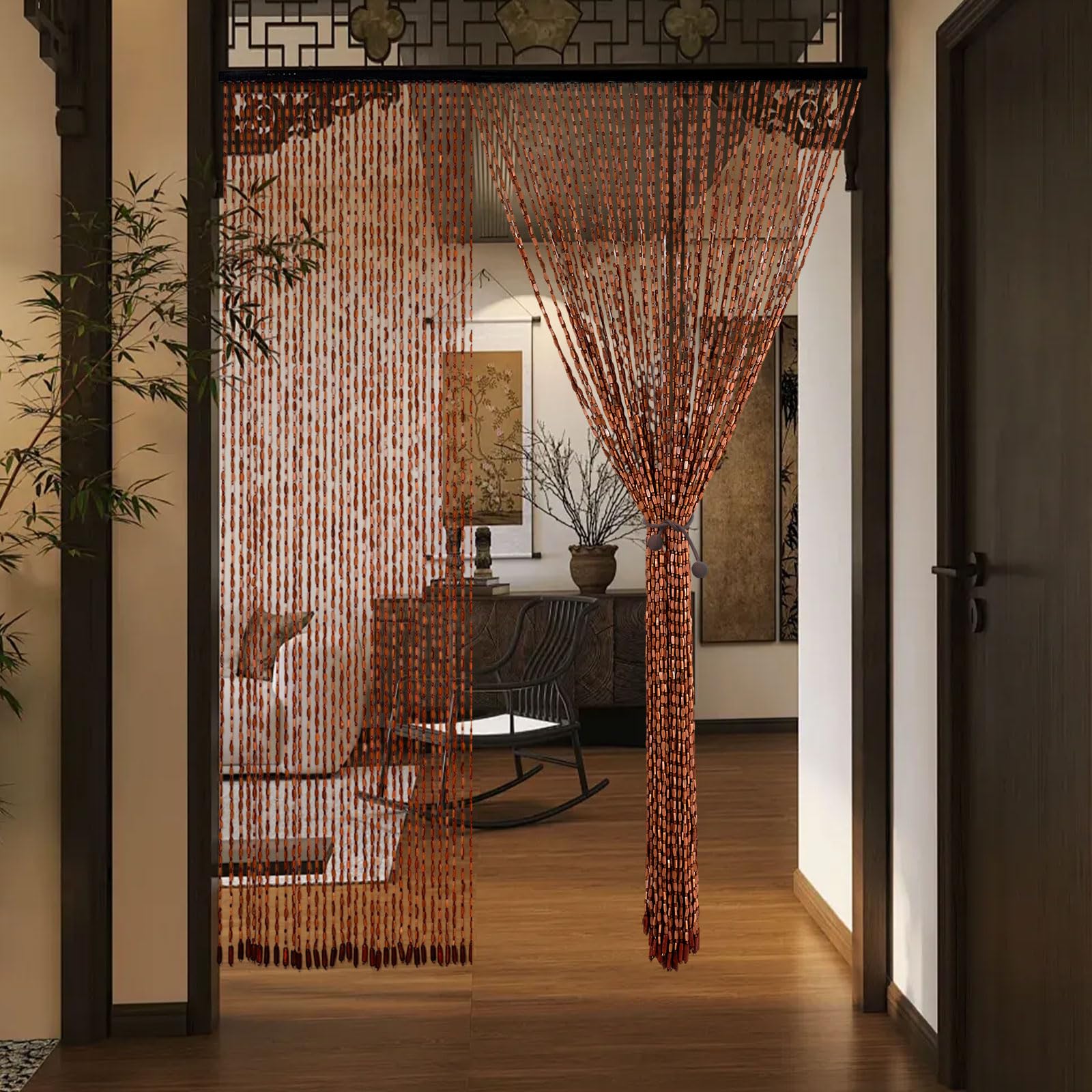 Tenda per porta del balcone, 90 x 200 cm, stile bambù, con 52 fili, zanzariera in perle di legno, per balcone, camera da letto, campeggio, tenda decorativa per porta, realizzata a mano