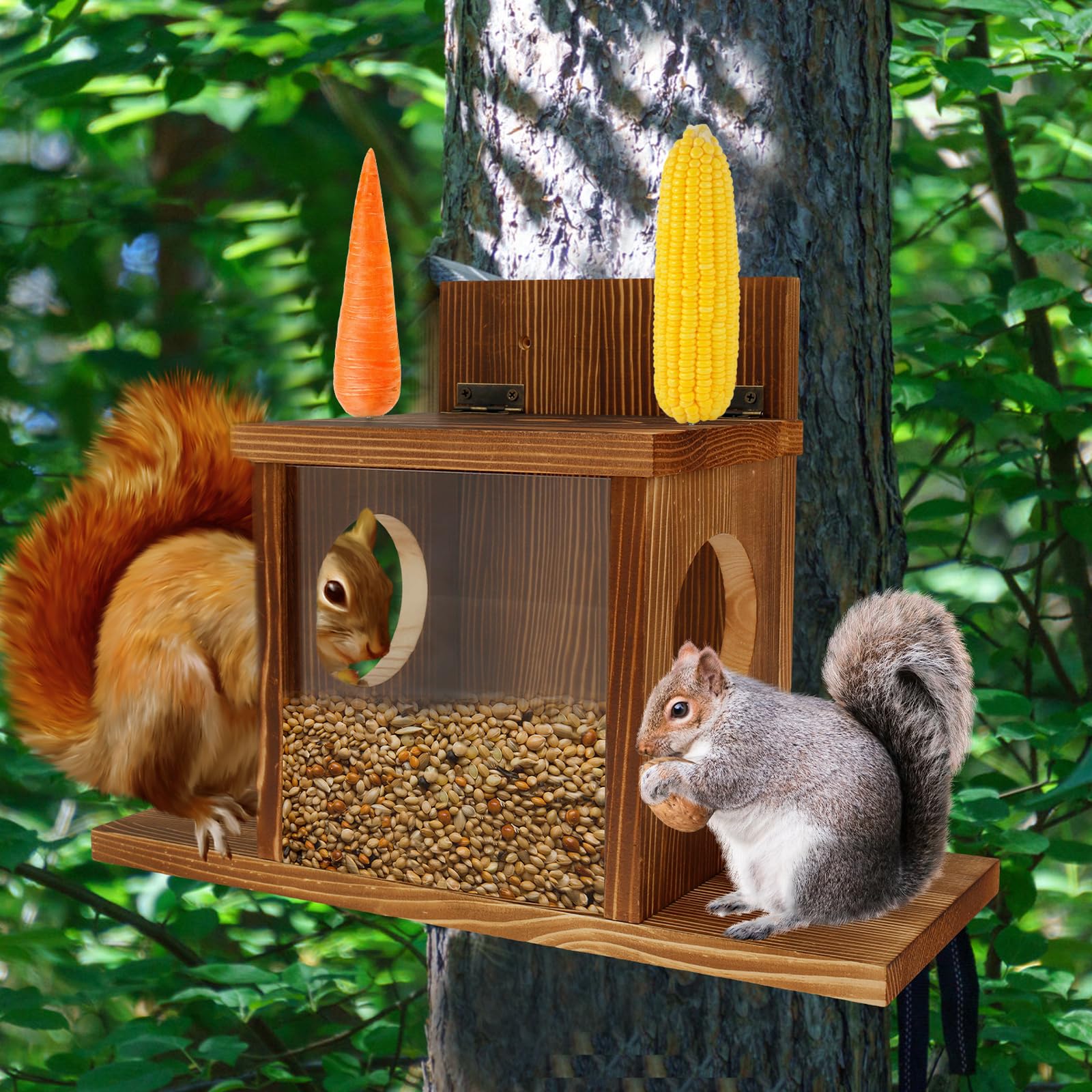 Squirrel Feeder for Garden and Tree, Wood Squirrel Feeding House with Extended Bottom Plate, Easy to Open Hanging Squirrel Feeder Stand Box for Outside Yard Porch Decoration