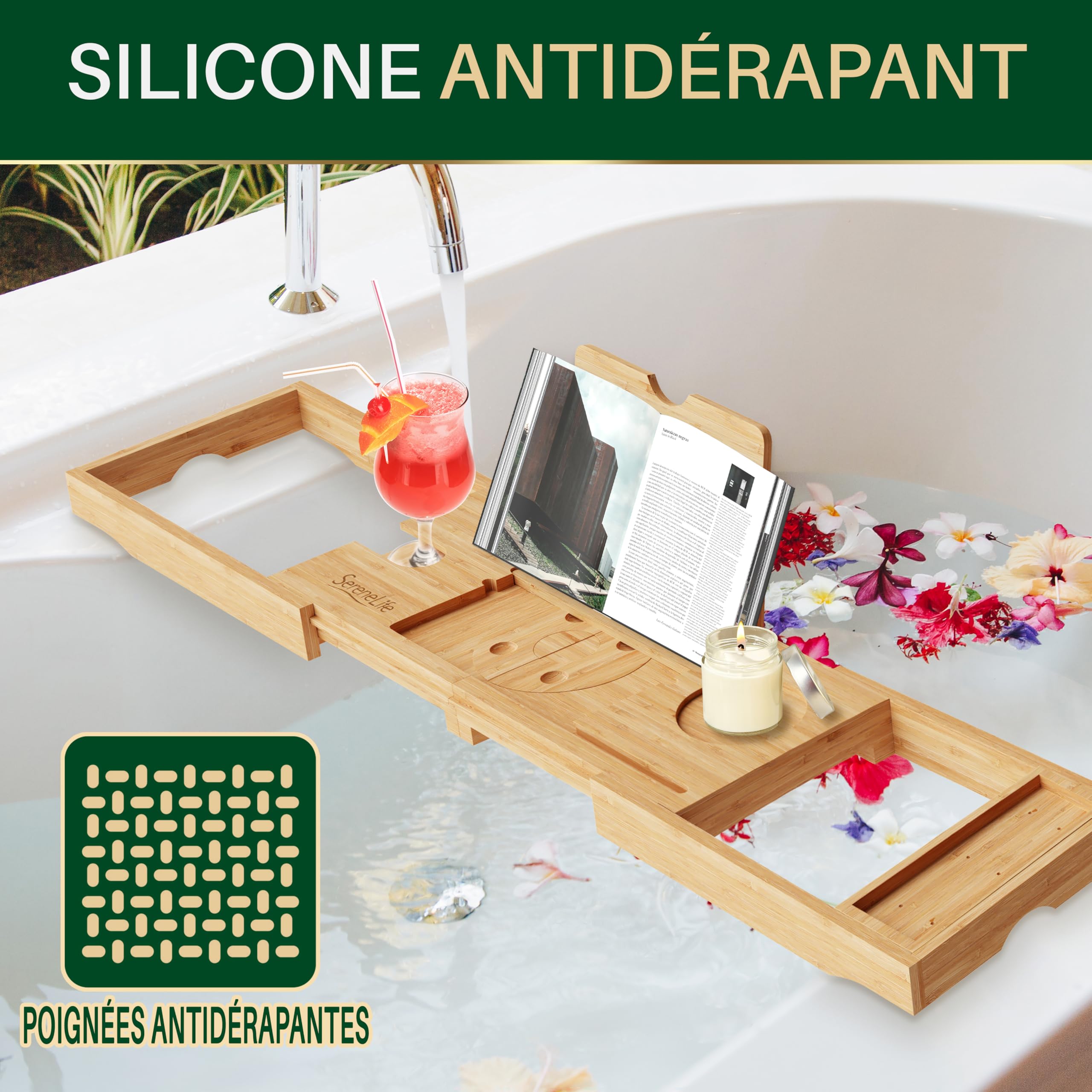 SereneLife Plateau Baignoire - en Bambou avec Design Pliable et Verrouillable-Plateau Salle de Bain Extensible de 76 cm à 109 cm-Charnières Pliantes pour Un Rangement Facile-Planche de Bain