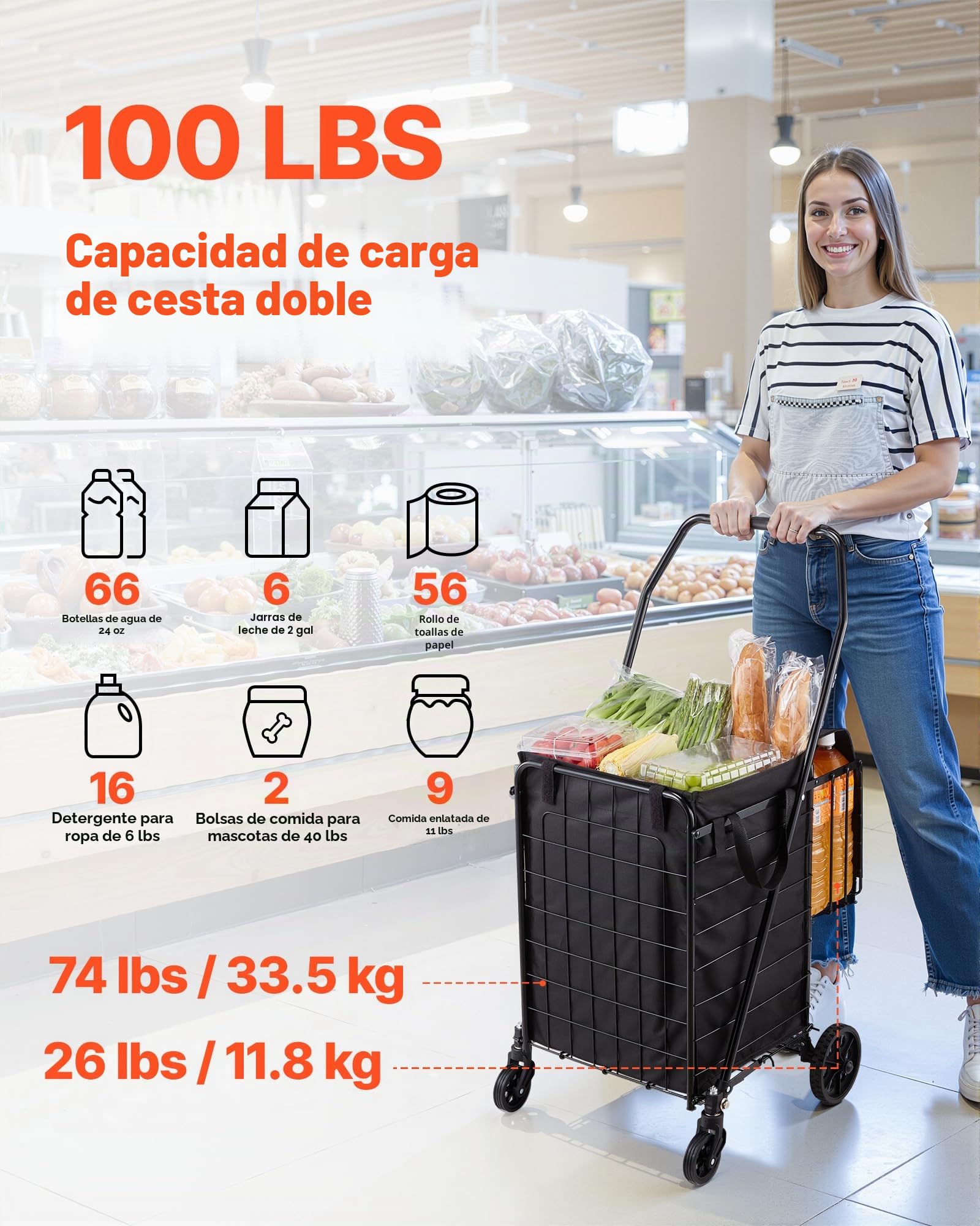 VEVOR Carrito de Compra, Plegable, con Dos Cestas, Revestimiento y Ruedas Impermeables, Capacidad de Carga de 45,3 kg, 64 + 10 L, Ideal para Lavandería, Compras, Camping y Comestibles, Negro