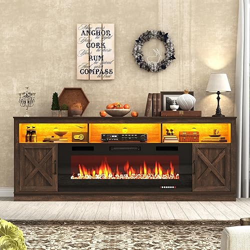 Miniatura 57 de Soporte de TV con chimenea de granja para TV de 70/75/80 pulgadas, centro de entretenimiento de 32 pulgadas de alto con chimenea eléctrica de 36