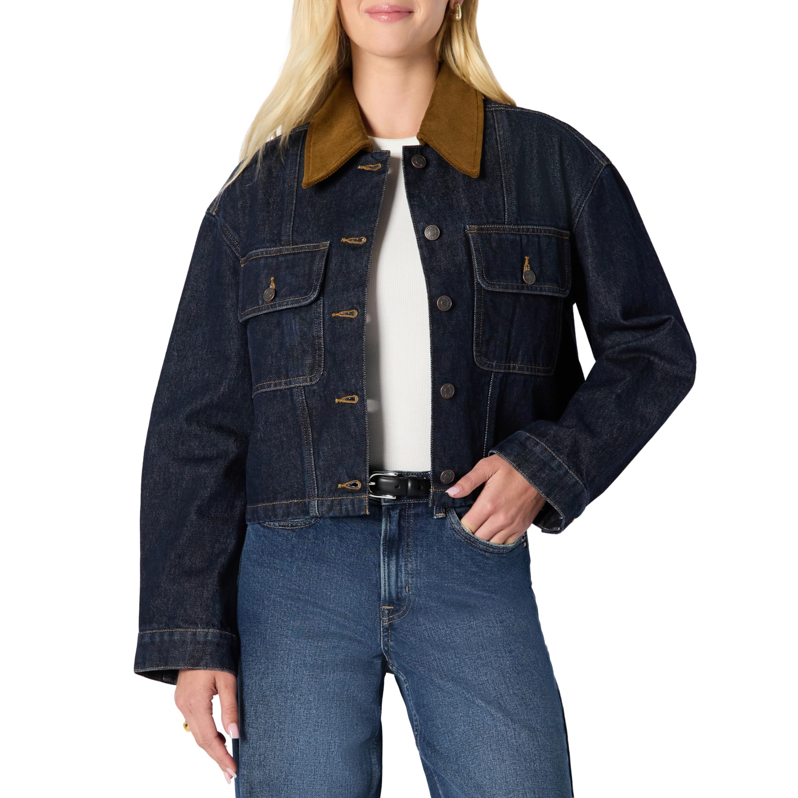 Amazon Essentials Damen Oversize-Jeansjacke mit Kragen aus kontrastierendem Cord, Auswaschen, L