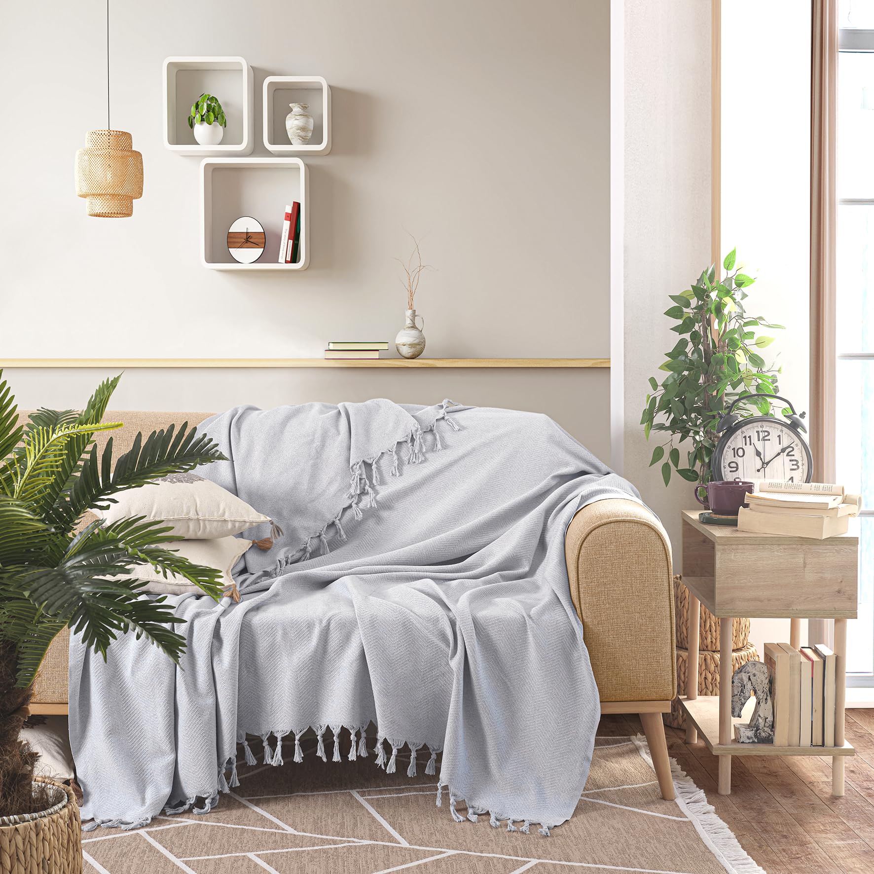 Milam London 100% Cotton Large Throw For Sofas | Beds | Settees | Bed Throw Double Size | Sofa Throws Large 2 Seater | Cotton Blanket | 200 x 230 cm Silver Grey