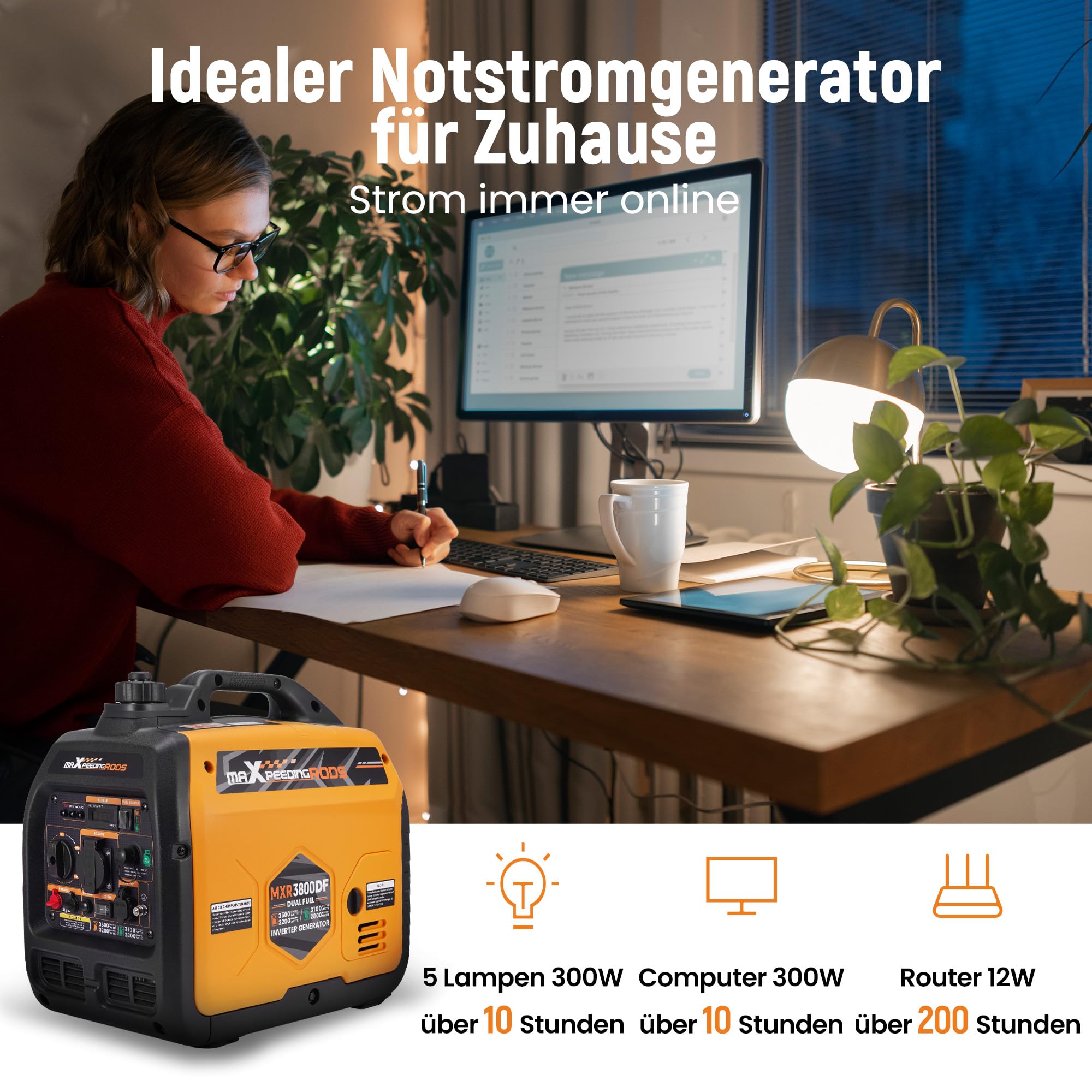 maXpeedingrods 3500W LPG/Benzin Inverter Stromgenerator Generator Gas Leise Stromerzeuger Dual Fuel Notstromaggregat mit 230 V / 16 A Steckdose; 2 × USB-Anschlüsse für Camping Garage Reise Outdoor