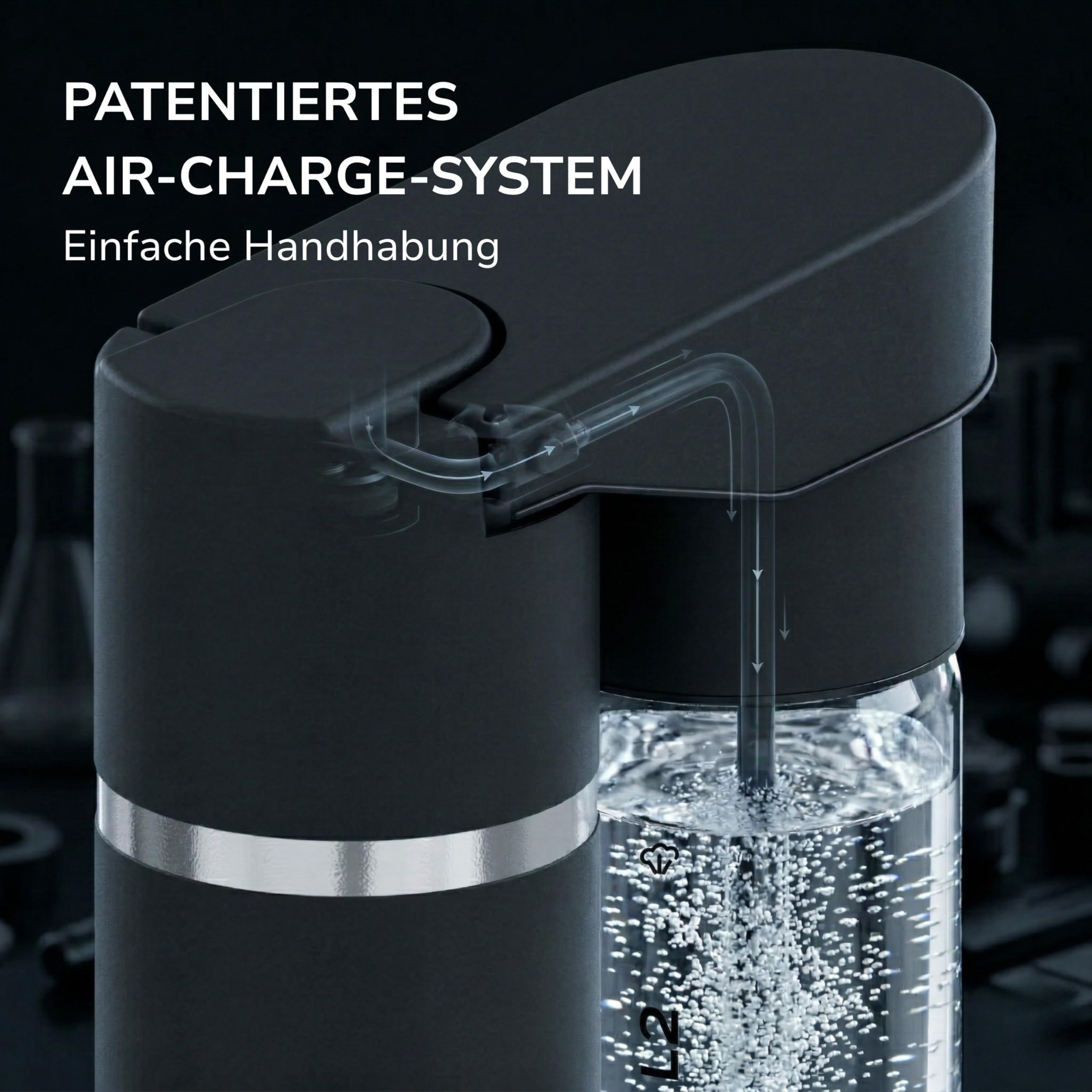Nutrilovers® NUTRI-STREAM Wassersprudler Edelstahl mit schwarzem Finish, Designer PET-Flasche (38 CM hoch), 100% BPA-frei, Soda Maker 100% kompatibel mit allen 60L CO2-Zylindern, patentiertes System