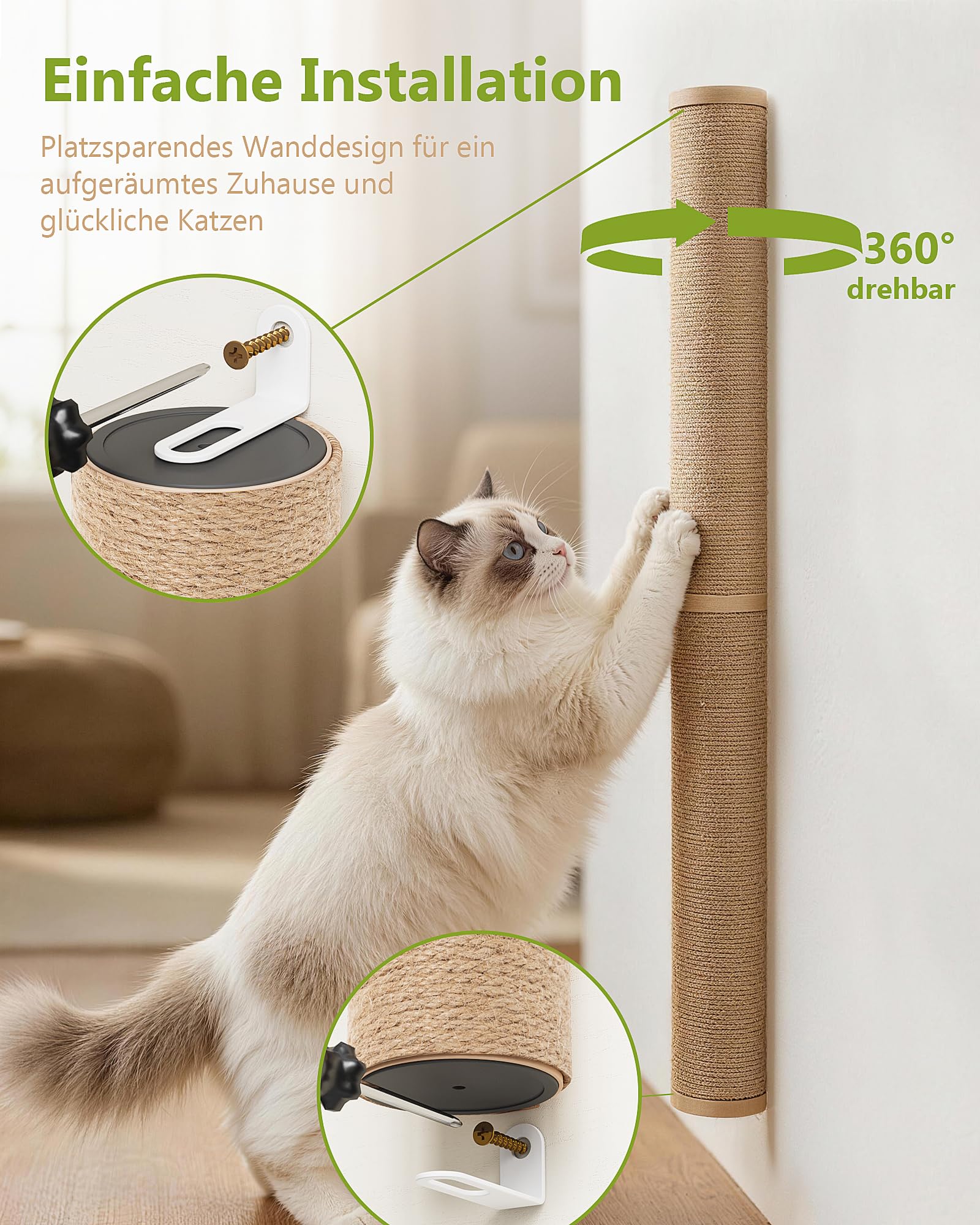 Kratzsäule für Katzen zur Wandmontage, 86 cm hoch Kratzbaum Wandmontage Holz, Stabiler Wandsäule aus natürlichem Juteseil, platzsparendes und drehbarem Design