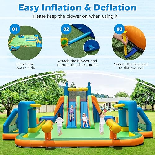 Vista 40 de BOUNTECH Tobogán acuático inflable, tobogán de surf de elefante, parque acuático para niños, castillo animoso con 2 piscinas de salpicaduras, cueva