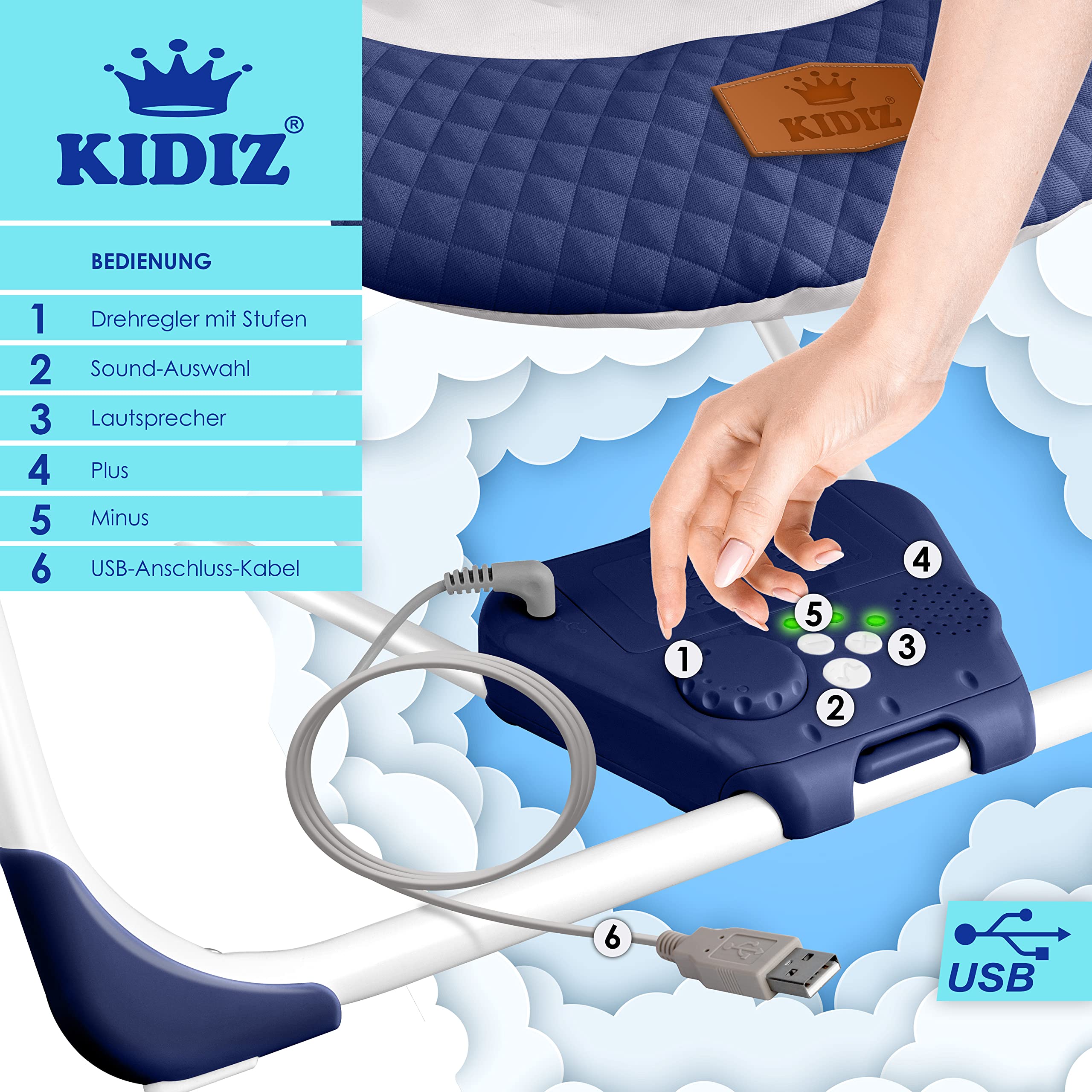 KIDIZ® Babywippe Babyschaukel mit 5 Geschwindigkeitseinstellungen zusammenklappbarer Baby Wippe Schaukel Babyhochstuhl mit Spielbogen Spielzeugen 5 einzigartige Naturgeräusche, Blau