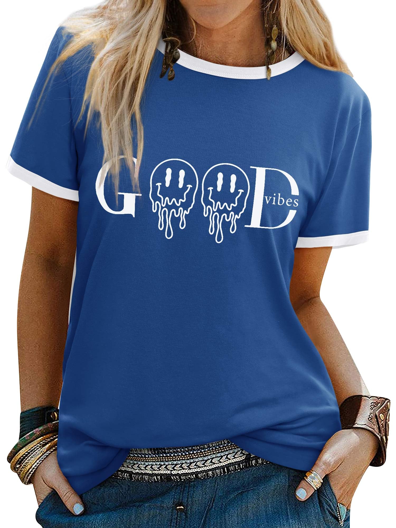 Dresswel Women's Good Vibes T-Shirt Smile Print T-Shirts Crew Neck Short Sleeve Tops Summer Tops Tee Shirts