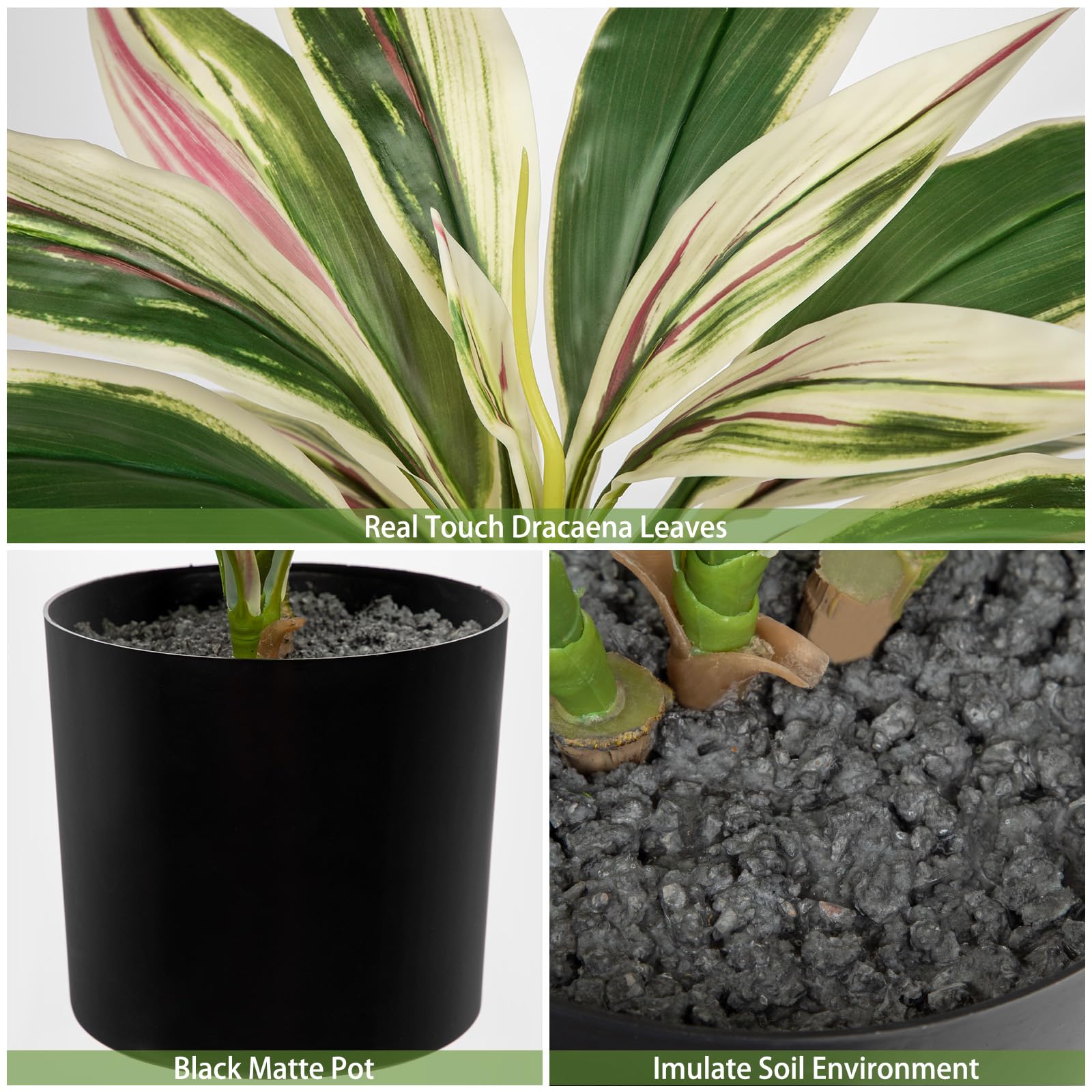 Oairse Pianta artificiale dracaena da 48 cm in vaso con vaso nero artificiale Dracaena piante tropicali artificiali per bagno, soggiorno, ufficio, scrivania, mensola, rosa