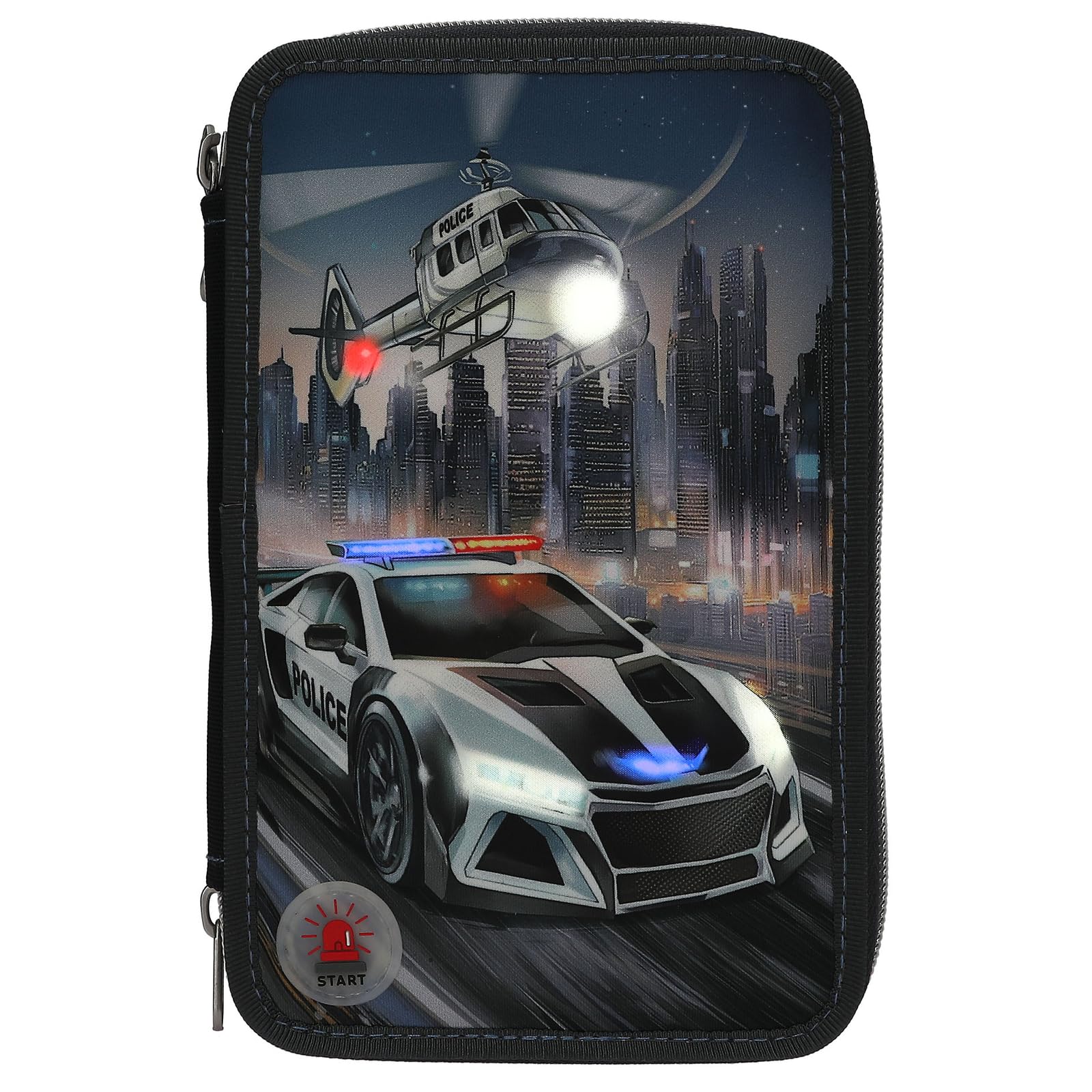 Depesche 13333 Monster Cars - Astuccio a 3 Scomparti in Grigio, con Effetto LED e Motivo della Polizia, con matite Colorate, Forbici, Righello e Molto Altro.