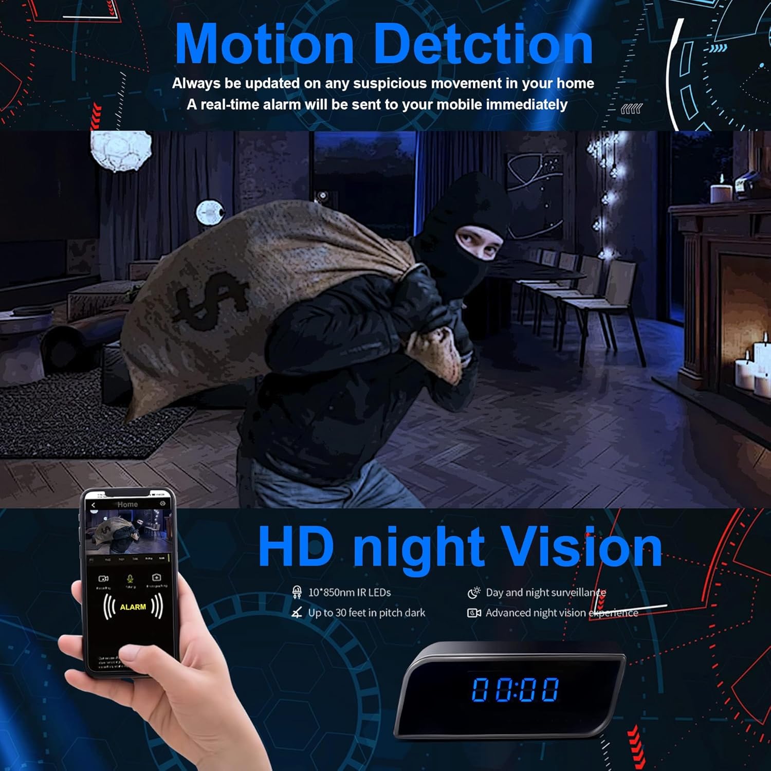 Clock Camera - Full HD 1085P WiFi Alarm Clock with Camera, Upgraded Nanny Cam Hidden Camera with Video Clear Night Vision Motion Detection for Home Indoor Security