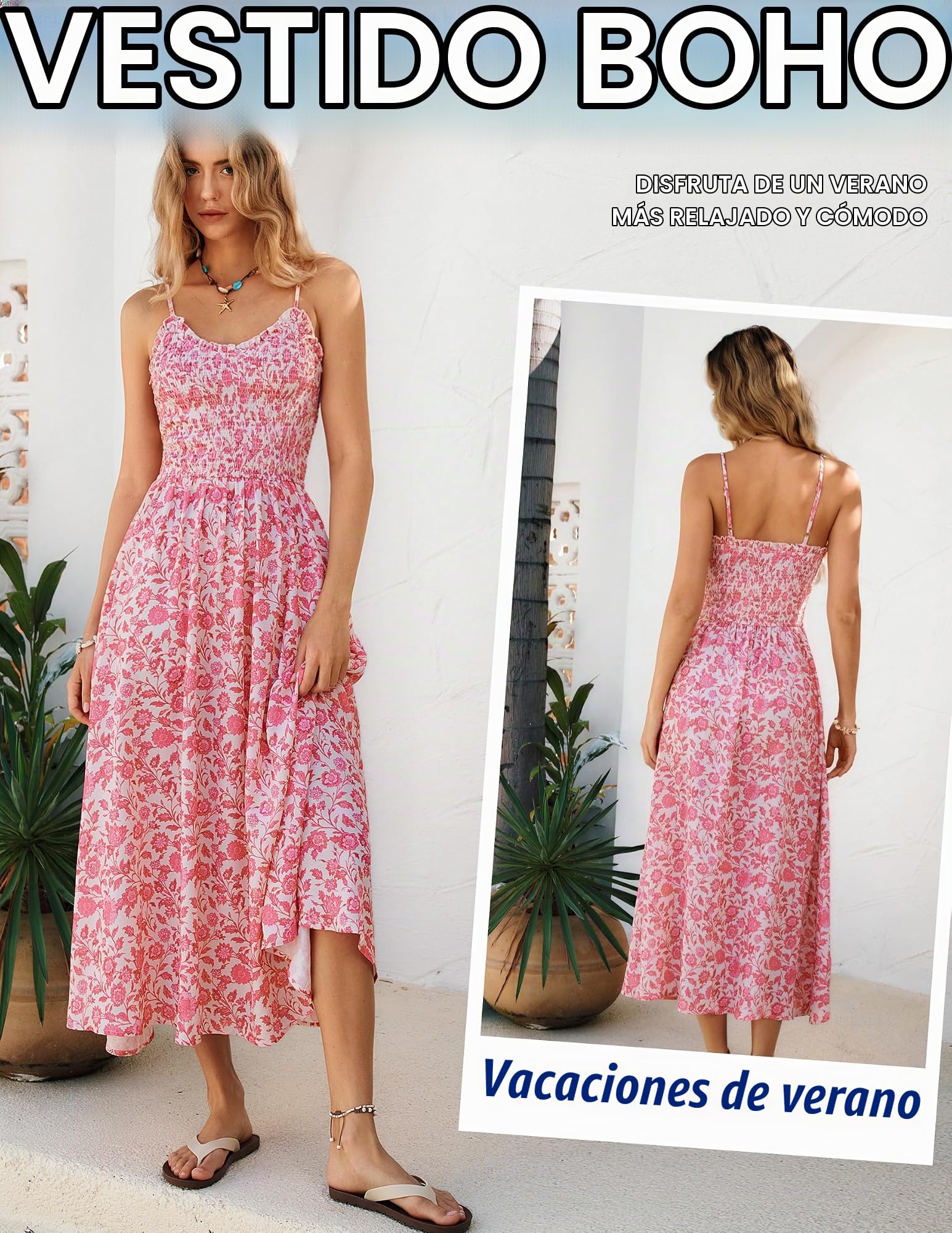 Kate Kasin Vestido de verano para mujer, maxi floral, espagueti, bohemio, cuello en V, vestido informal elegante para la playa