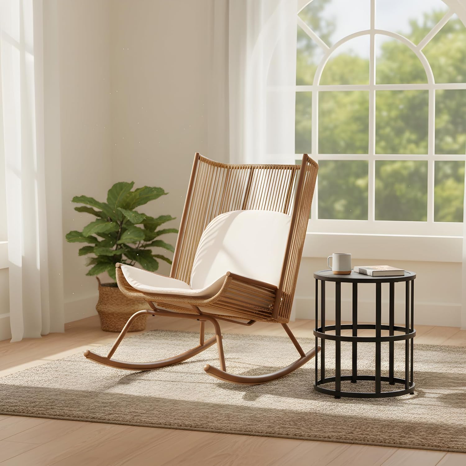 High Arc Rocking Chair with Ceramic Tile Side Table Set, PE Rattan Weave, Cushion Included in Beige or Brown, for Patio, Porch, Garden