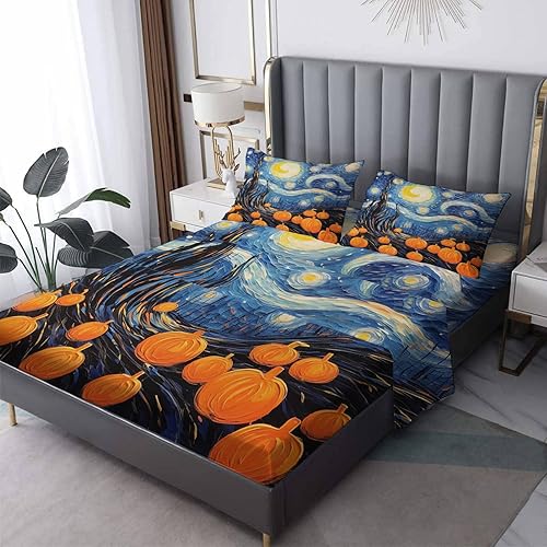 Sábanas de Acción de Gracias tamaño King dividido para cama ajustable, sábanas de noche estrellada de calabaza, sábanas con patrones y juego de 5